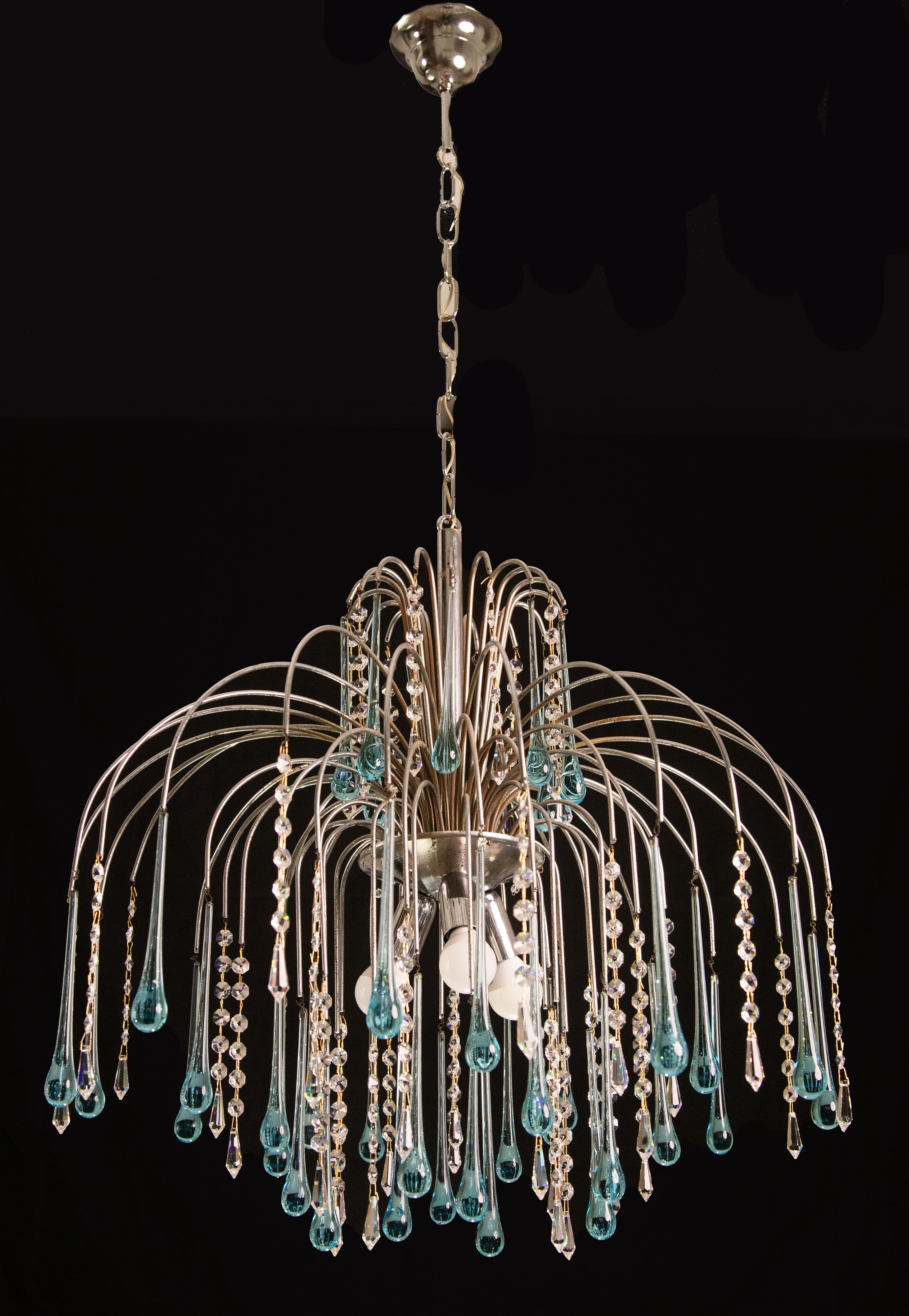 Late 20th Century The Blue Crown, Murano Chandelier Blue and Crystal Drops, 1970s For Sale