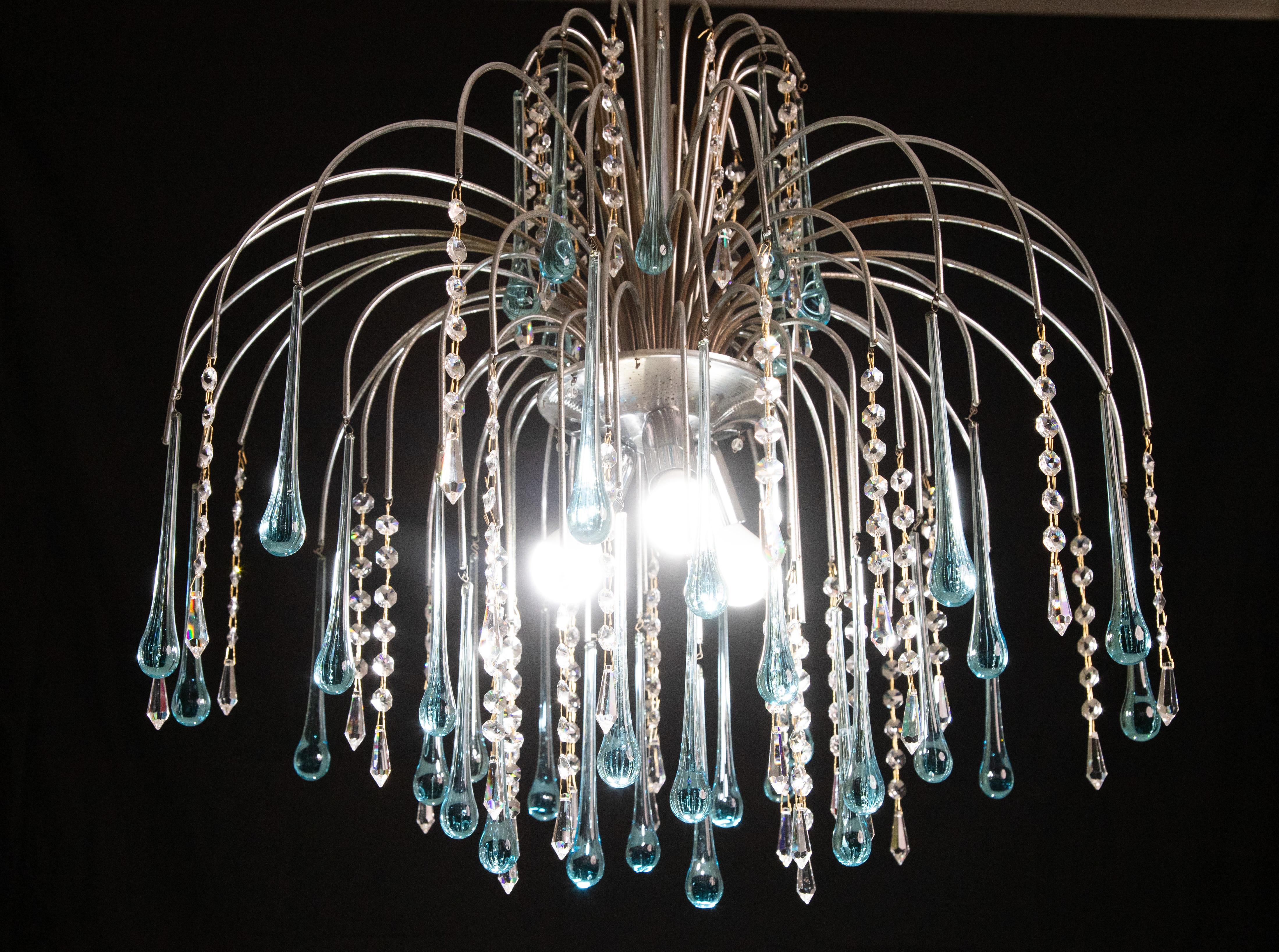 Art Glass The Blue Crown, Murano Chandelier Blue and Crystal Drops, 1970s For Sale