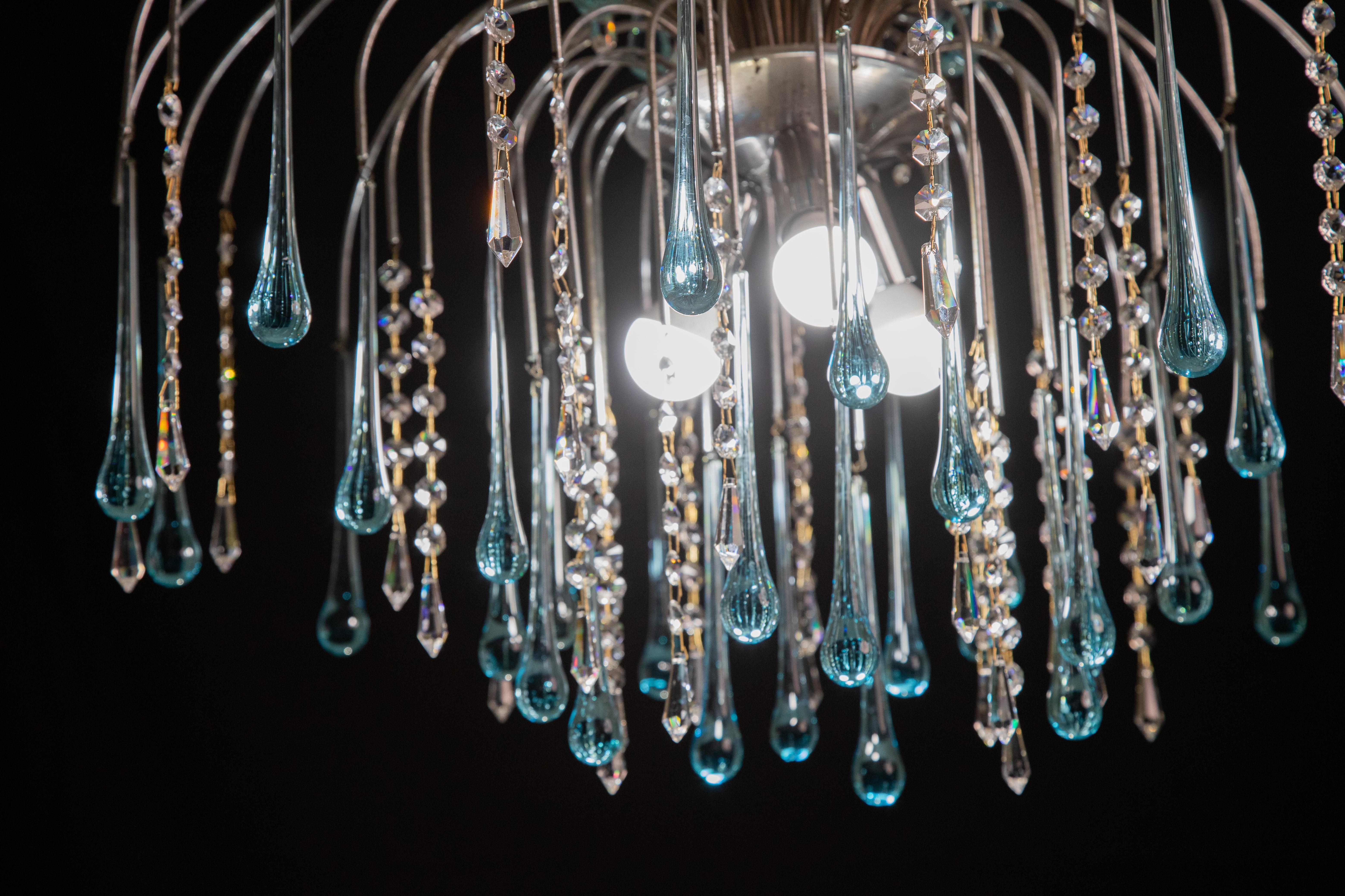The Blue Crown, Murano Chandelier Blue and Crystal Drops, 1970s For Sale 1