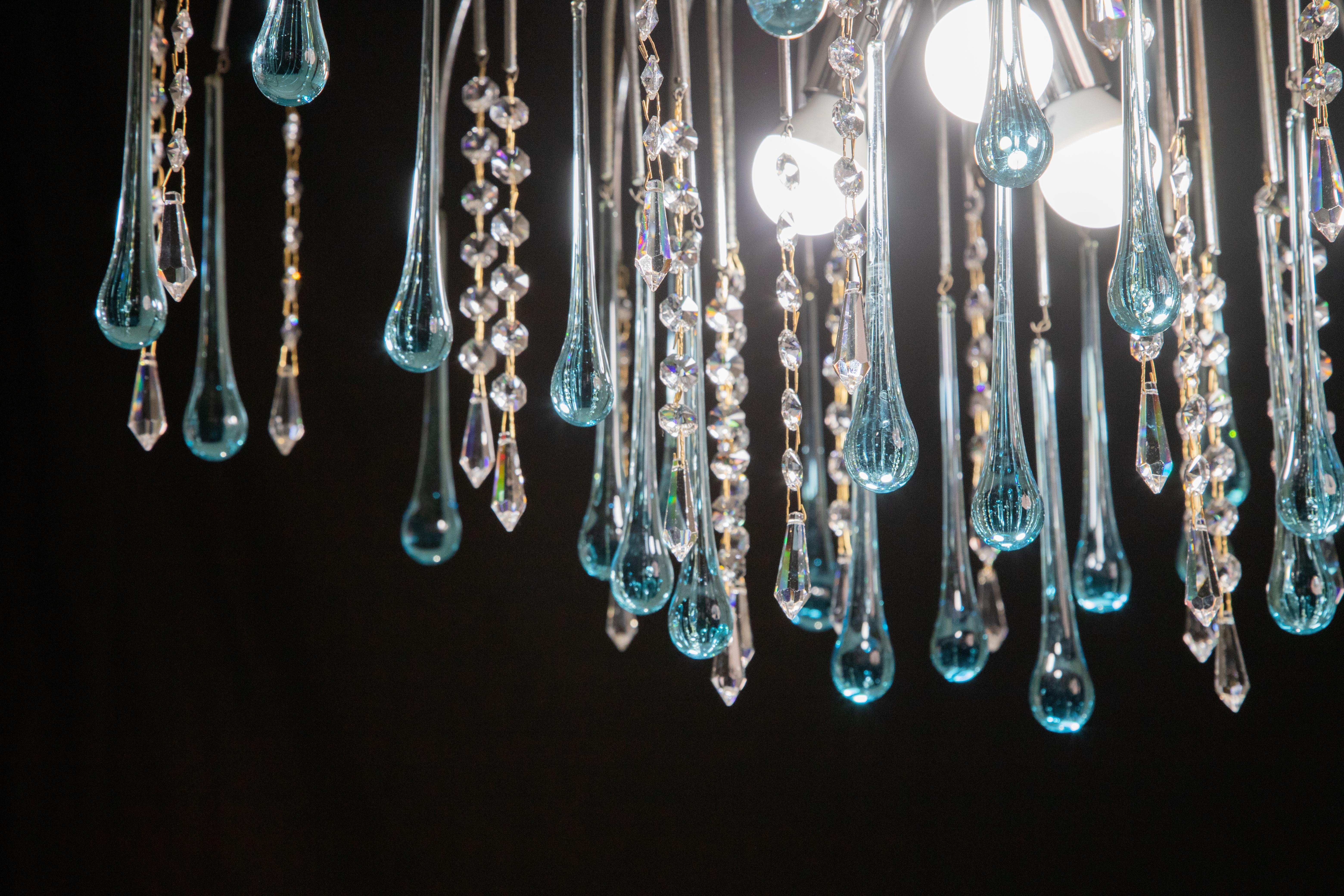 The Blue Crown, Murano Chandelier Blue and Crystal Drops, 1970s For Sale 2