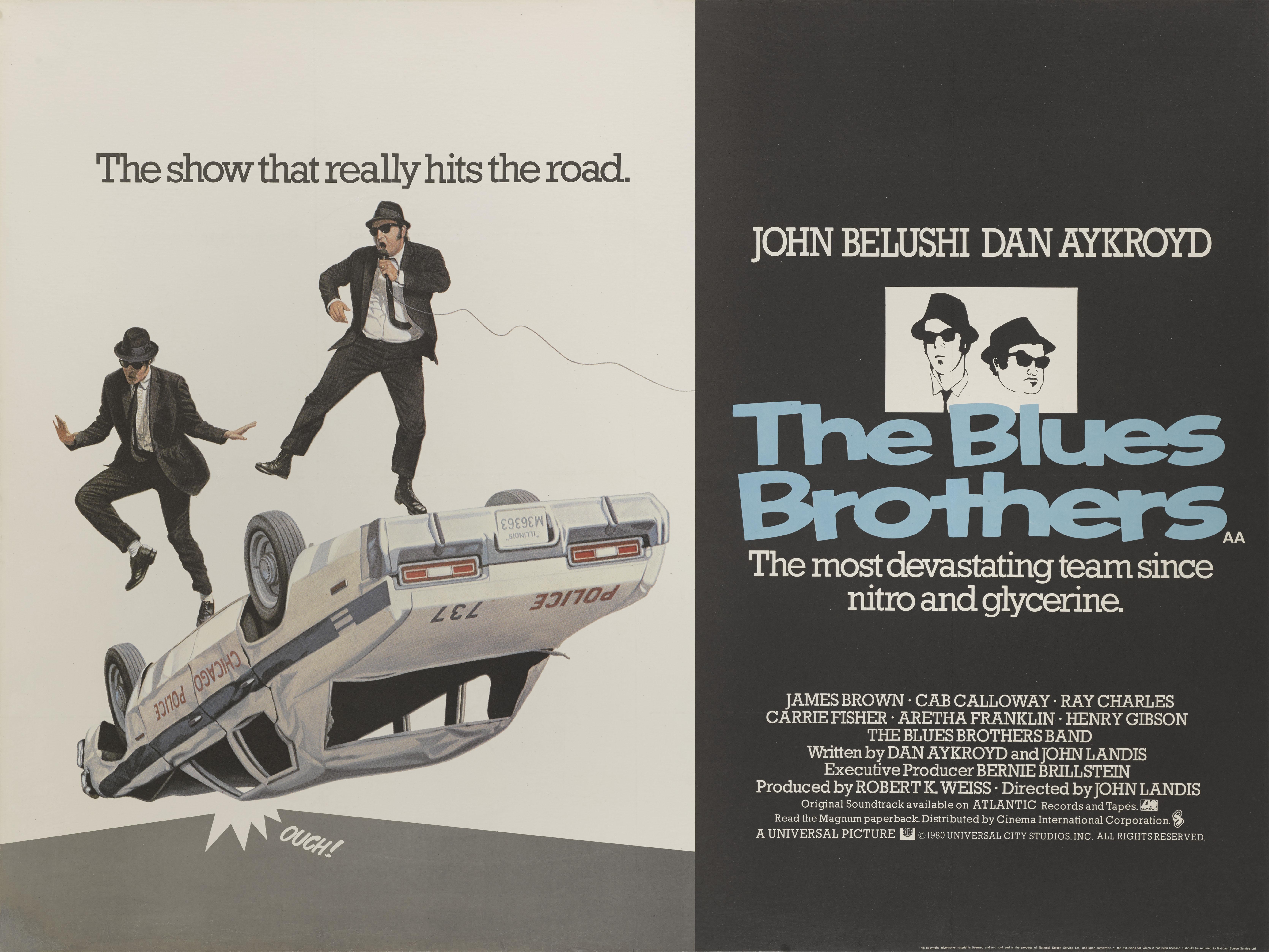 Original British film poster for poster The Blues Brothers 1980
This cult classic was directed by John Landis and written by Landis and Dan Akroyd. The film stars John Belushi, Dan Aykroyd and Cab Calloway. Jake Blues, played by Belushi has just