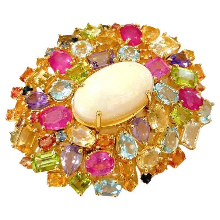 The Bochic "Capri" Opal, Ruby, Sapphire & Multi Gem Brooch In 22K Gold & Silver For Sale