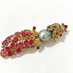 The Bochic "Orient" Pearl, Rubies & Sapphires Pendant Set In 18K Gold & Silver