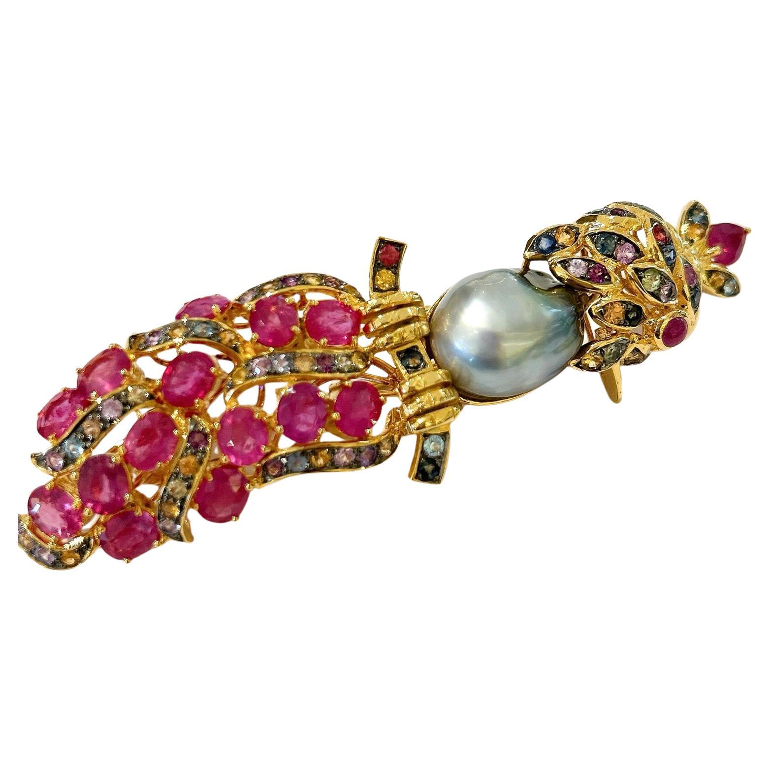 The Bochic "Orient" Pearl, Rubies & Sapphires Pendant Set In 18K Gold & Silver For Sale
