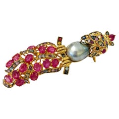 The Bochic "Orient" Pearl, Rubies & Sapphires Pendant Set In 18K Gold & Silver