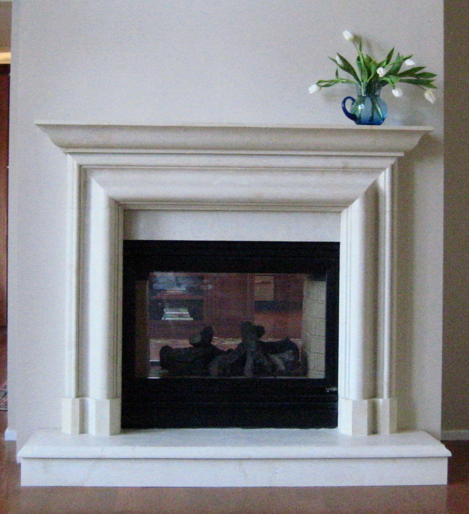 Carved The Bolection B: A Classical Stone Fireplace Profile with Shelf and Plinths For Sale