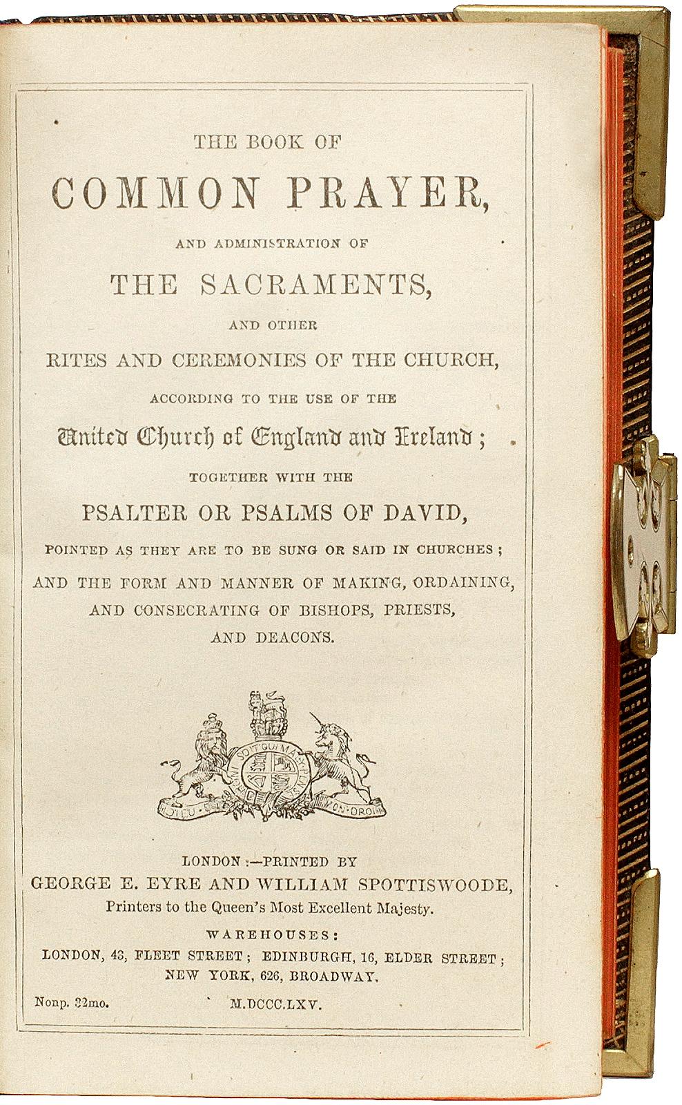British The Book of Common Prayer - 1865 - IN A FINE BRASS MOUNTED LEATHER BINDING ! For Sale