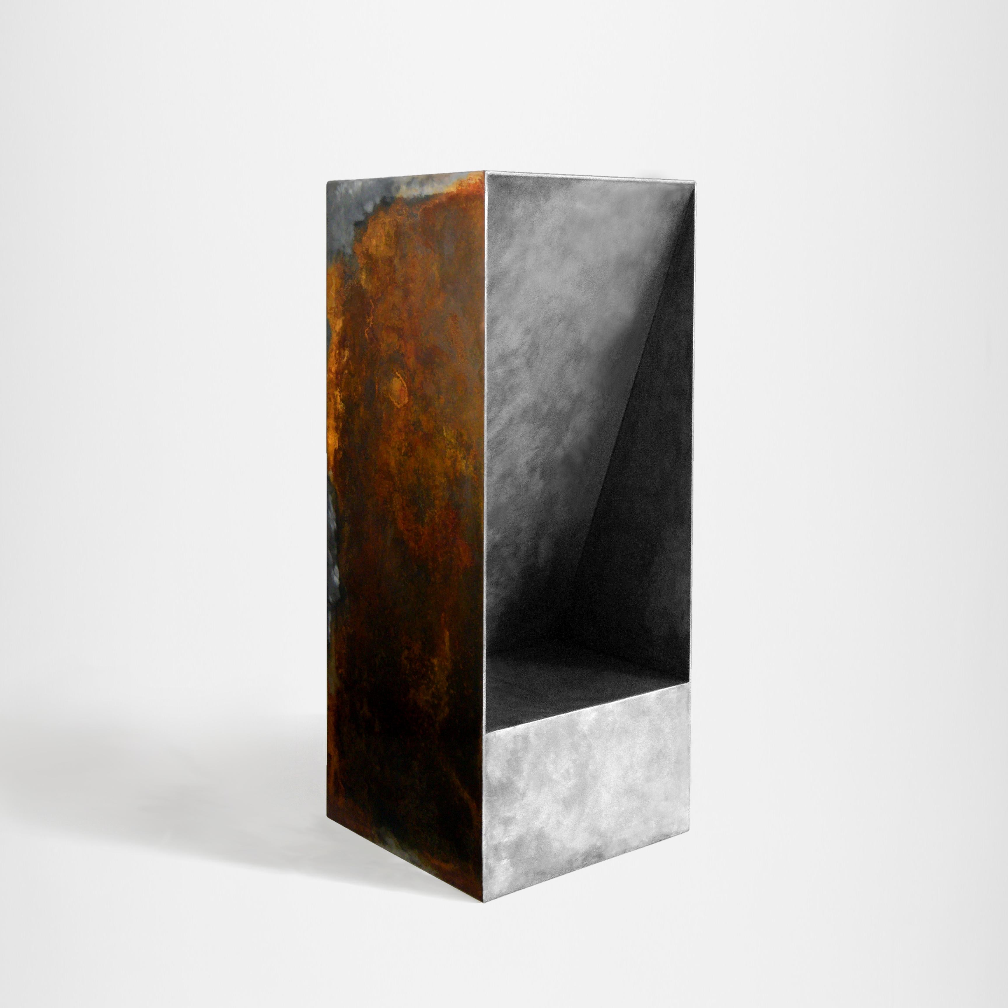 THE BOX Bar Stool by Baker Street Boys
Limited Edition of 50 + 3 AP
Dimensions: H 75 x W 30 x L 30 cm
Materials: Steel & Rust

INTRODUCTION THE BOX Collection is a set of sculptural objects representing the collaboration between the artists and the