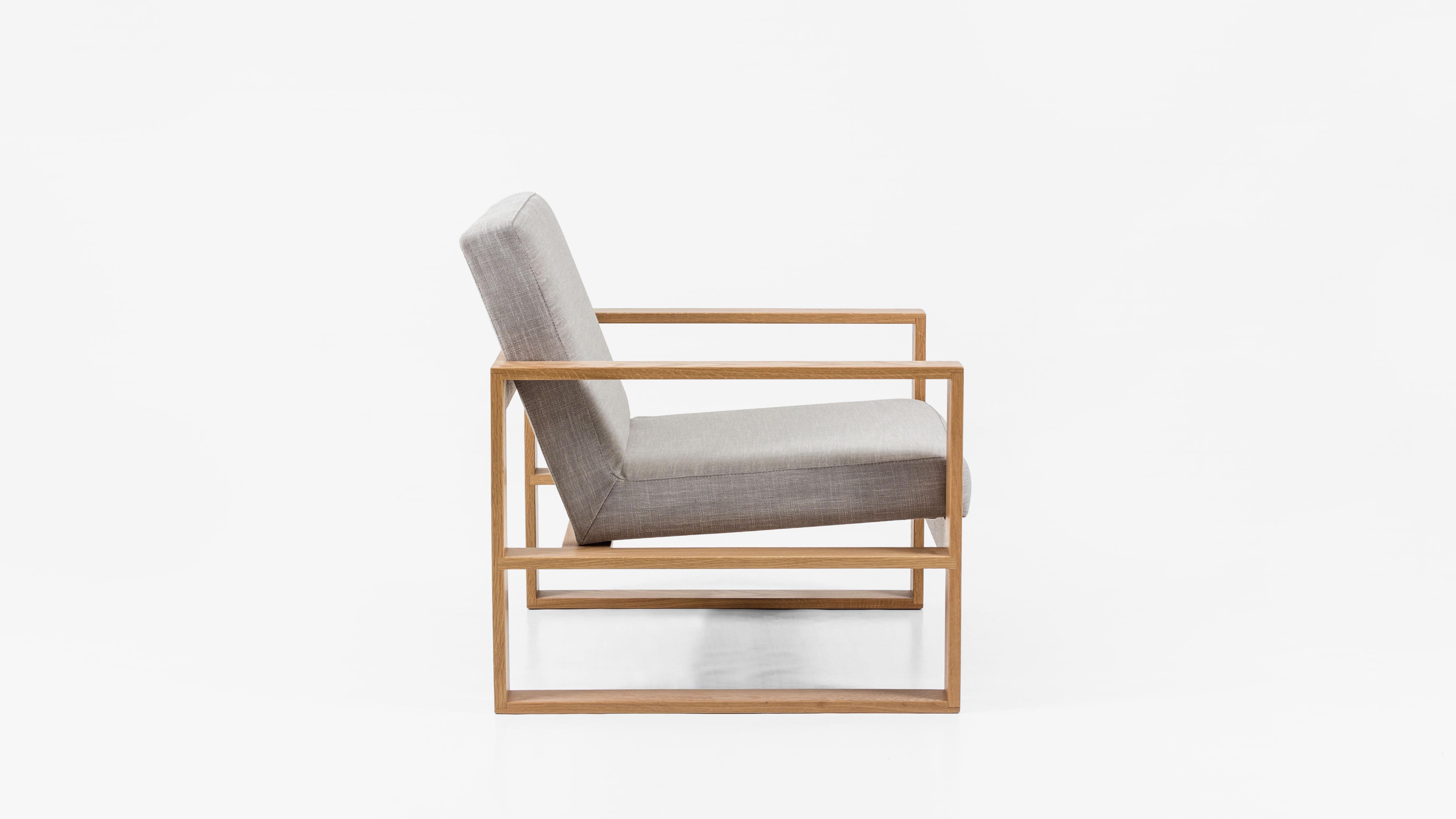 The box chair is one of Mr and Mrs White's first original designs. A modern lounge chair featuring clean lines in a solid timber frame and subtly detailed, minimalistic upholstery. A ponder's chair for those who like to think outside of the