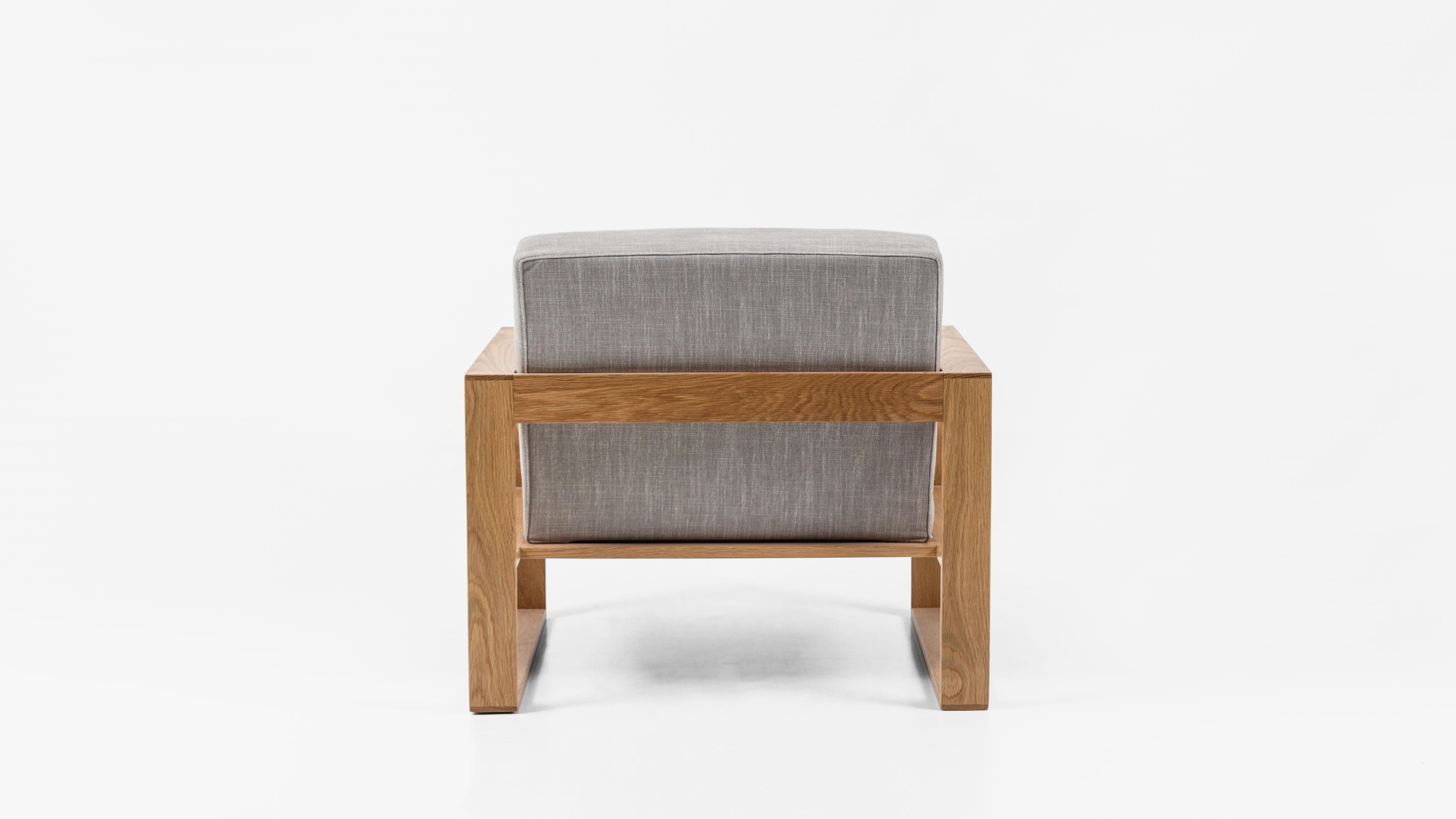 Organic Modern The Box Chair Modern Lounge in American Oak with concrete grey Upholstery For Sale