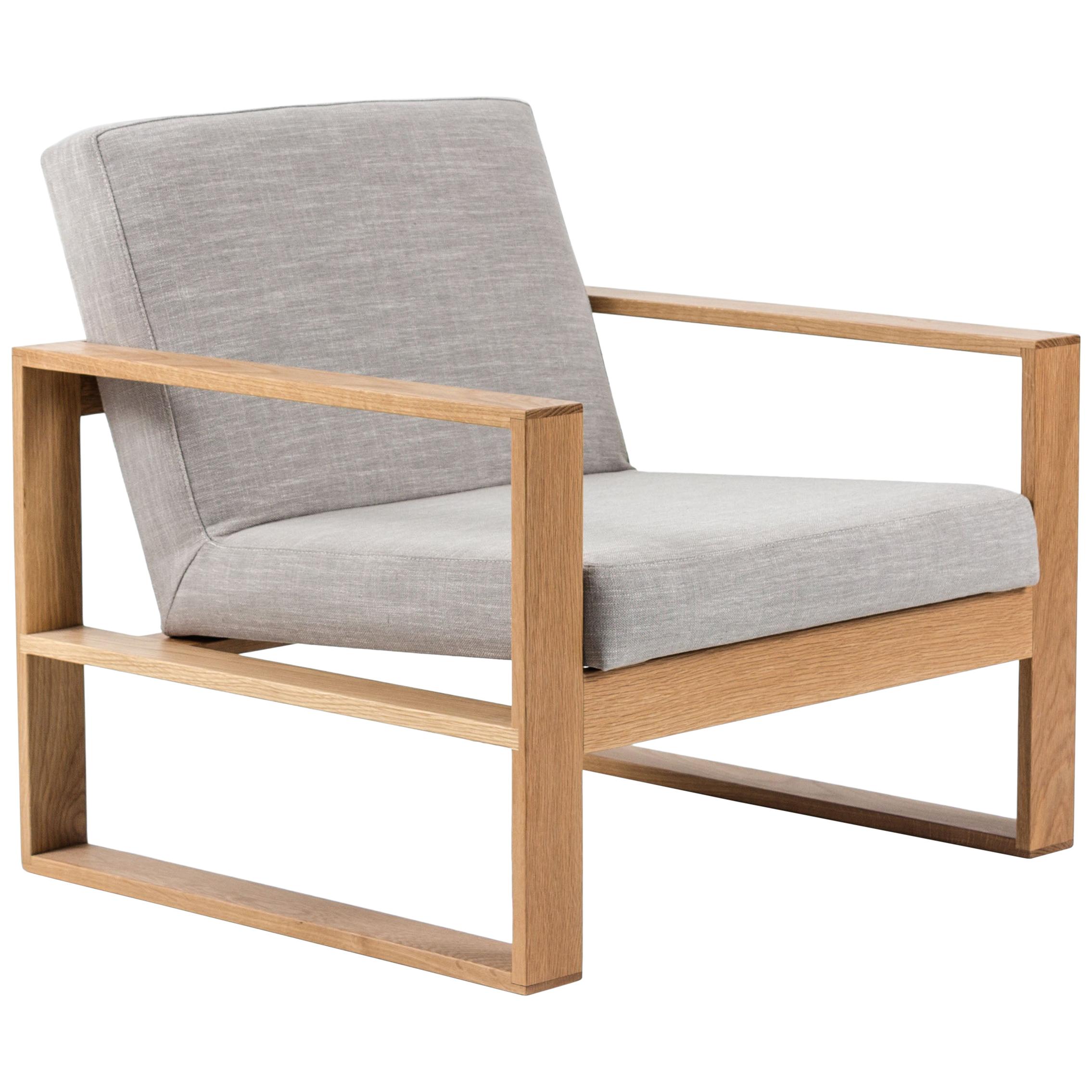 The Box Chair Modern Lounge in American Oak with concrete grey Upholstery For Sale