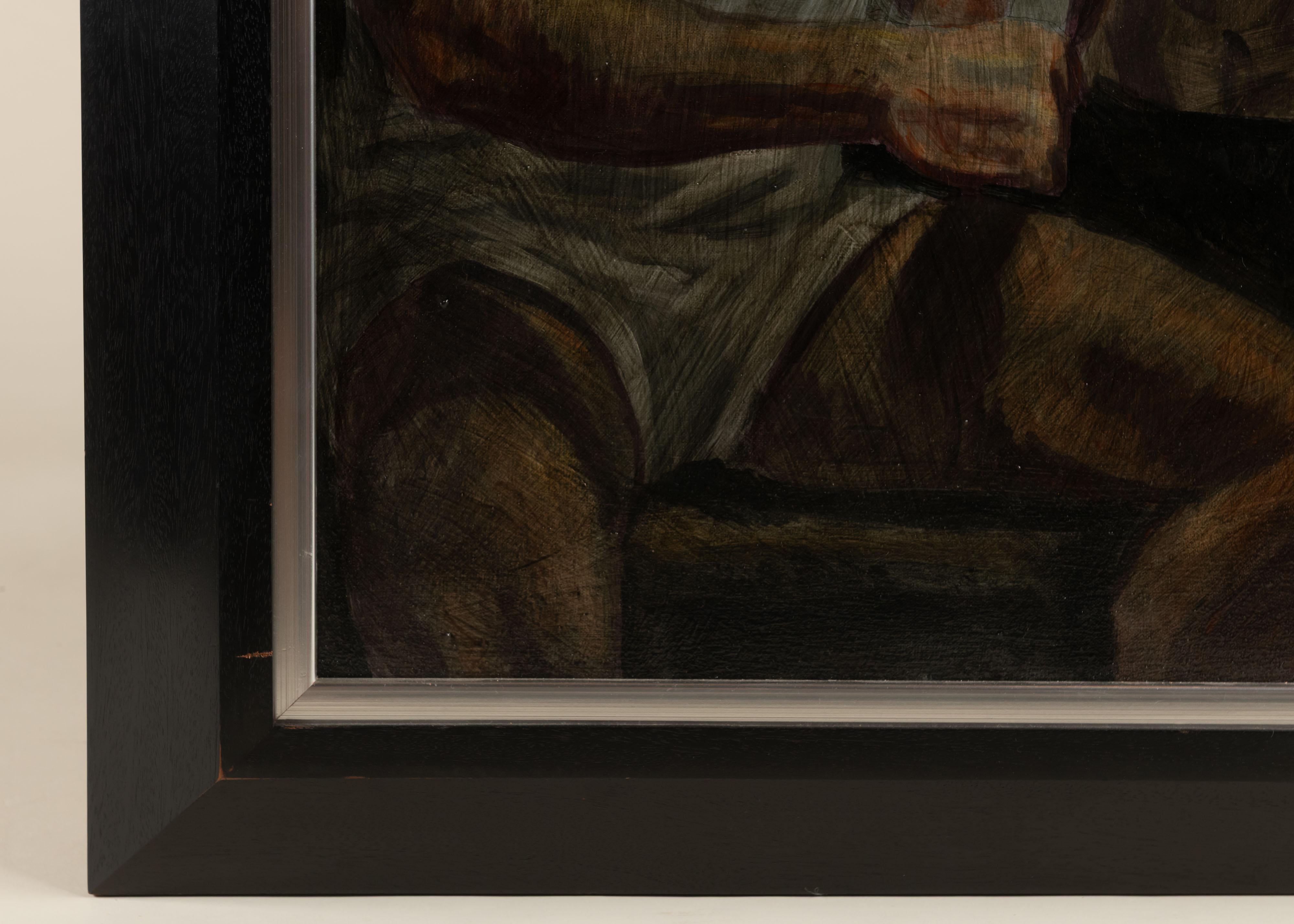 The artist says this was one of the first paintings he created under the name Bruce Sargent (1898–1938). The Boxers is a striking double portrait of the same model, an actor named Patrick, shown twice as he wraps his hands before a fight. The dim,