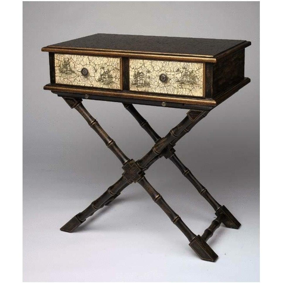 Table à deux tiroirs à pieds croisés en faux bambou, finition peinture craquelée, The Bradburn Home Gallery. Retirez le plateau. Faux pieds en bois. Mesure 27 
