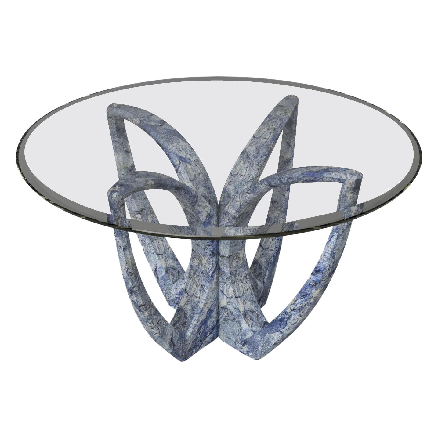 "The Diamond Lotus" Center Table ft. Sculptured Azul Bahia Granite and Glass For Sale