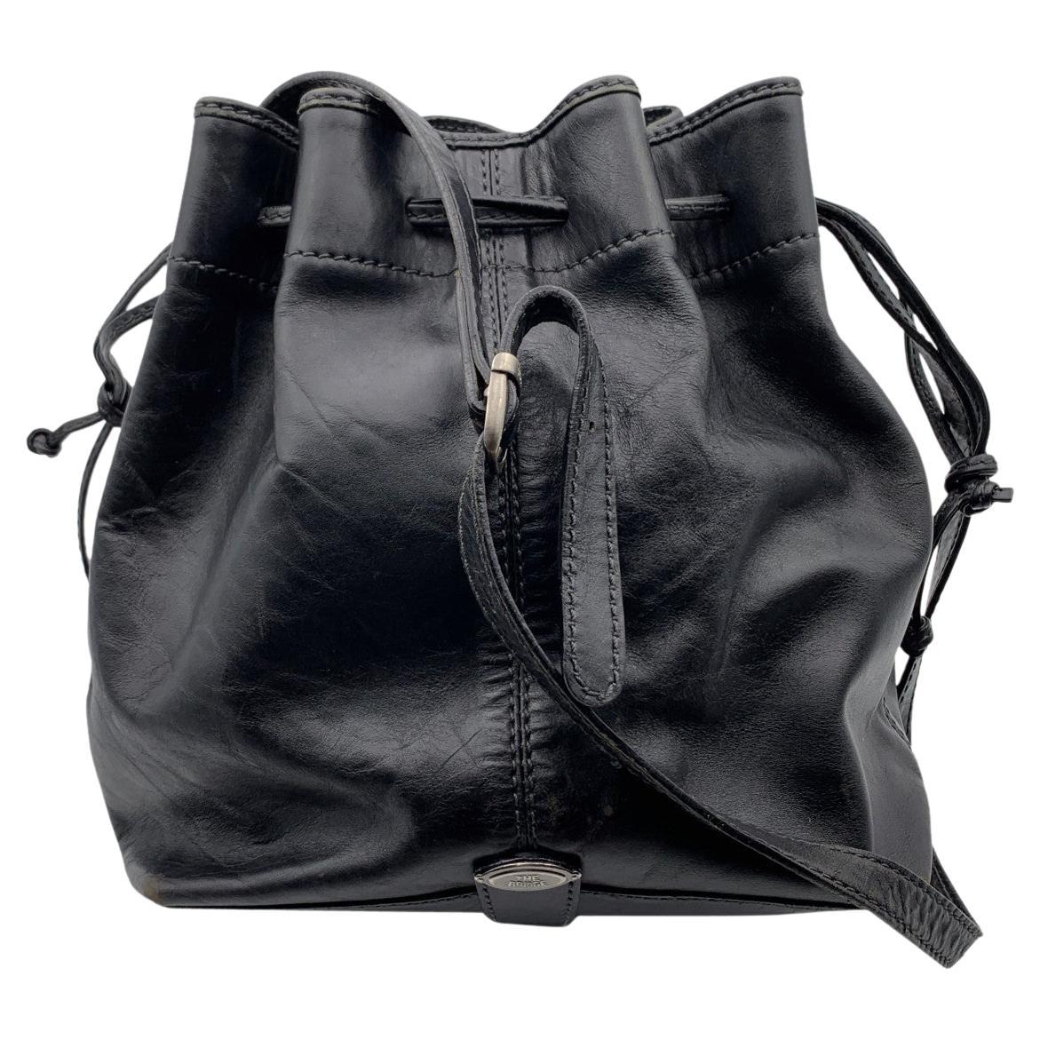 The Bridge Black Leather Drawstring Bucket Shoulder Bag