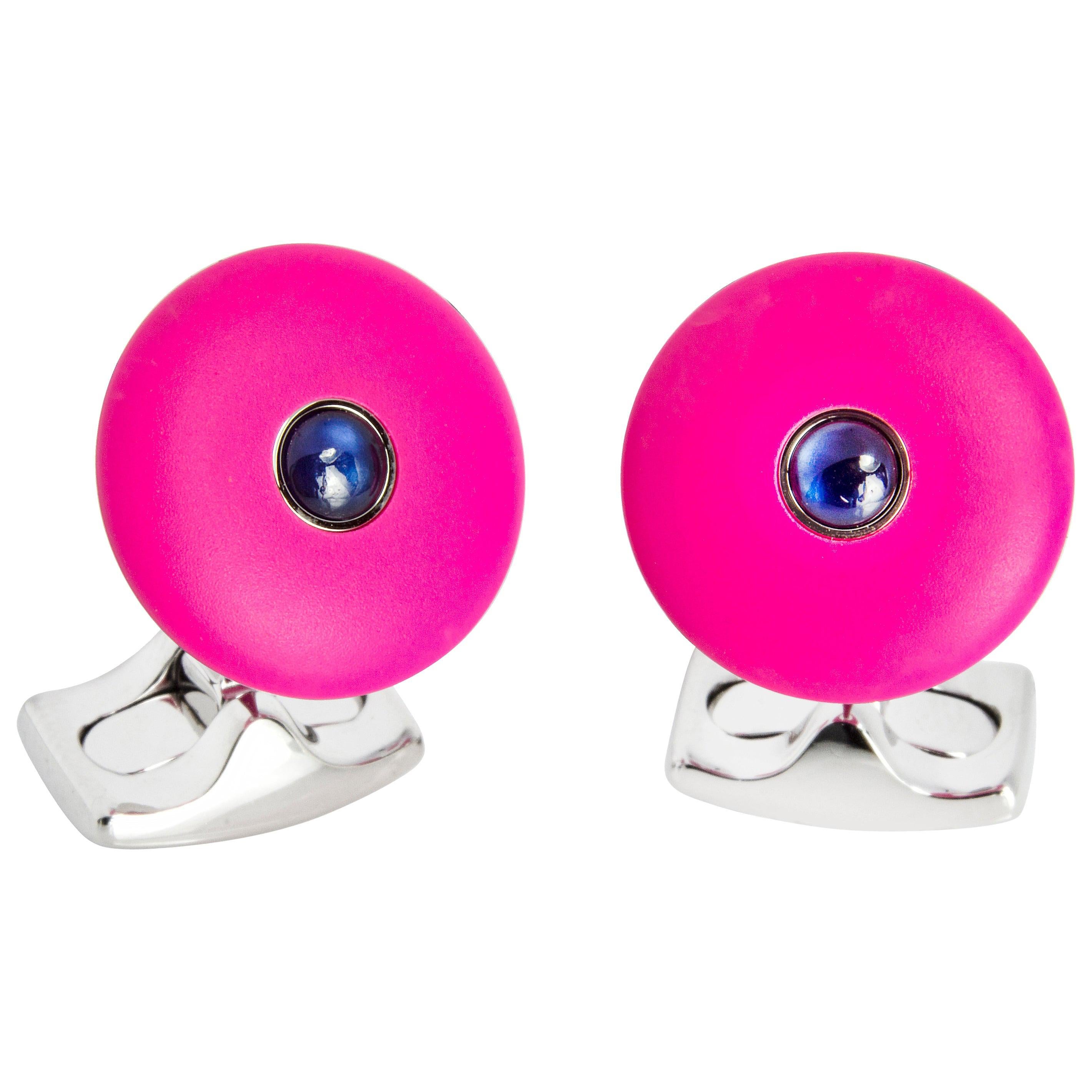'The Brights' Hot Pink Round Cufflinks with Sapphire Centre For Sale