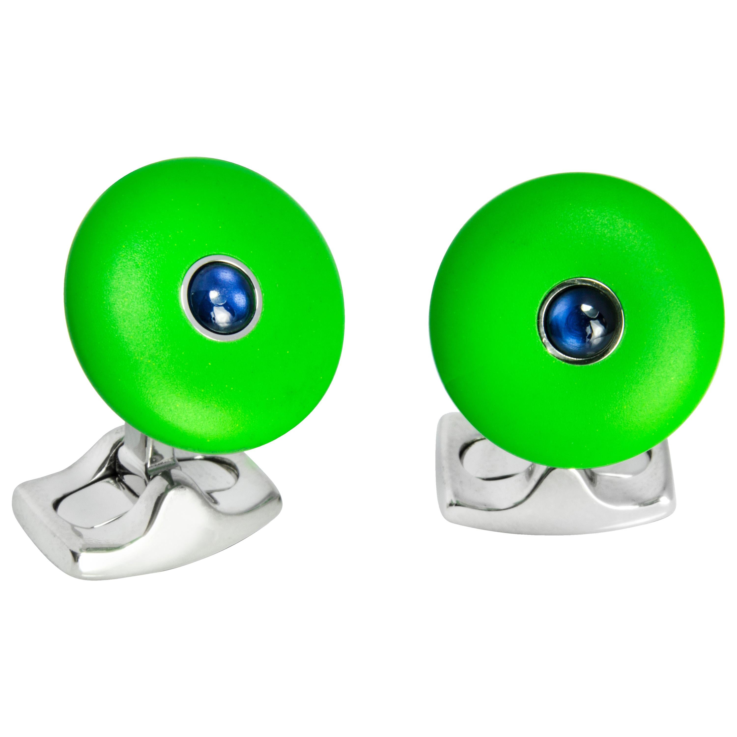 'The Brights' Lime Green Round Cufflinks with Sapphire Centre