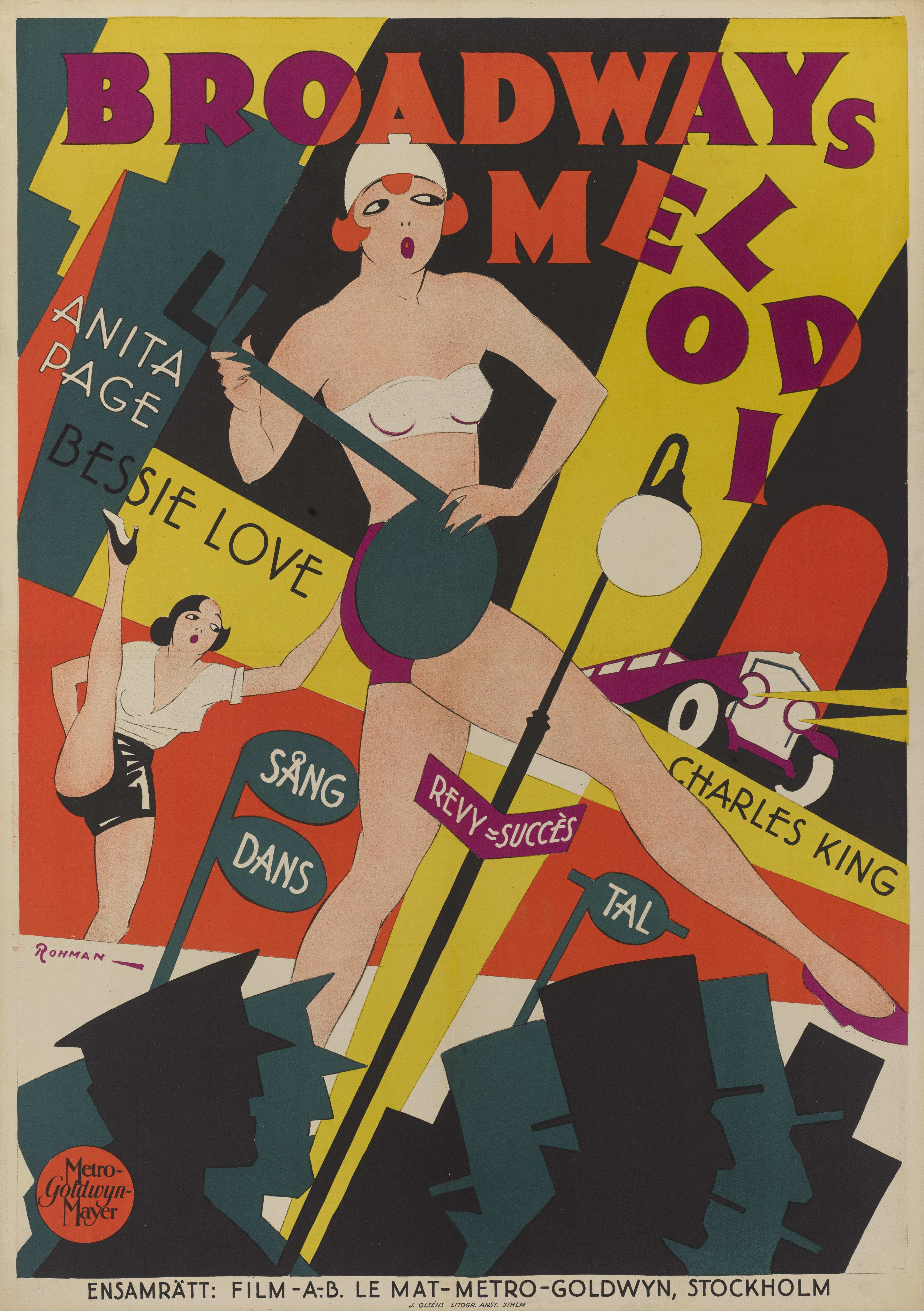Originales schwedisches Filmplakat für The Broadway Melody 1929.
Die Regie bei diesem Film führte Harry Beaumont. Er erzählt die Geschichte von zwei Vaudeville-Schwestern, die versuchen, am Broadway Fuß zu fassen. Dies war das erste Musical von