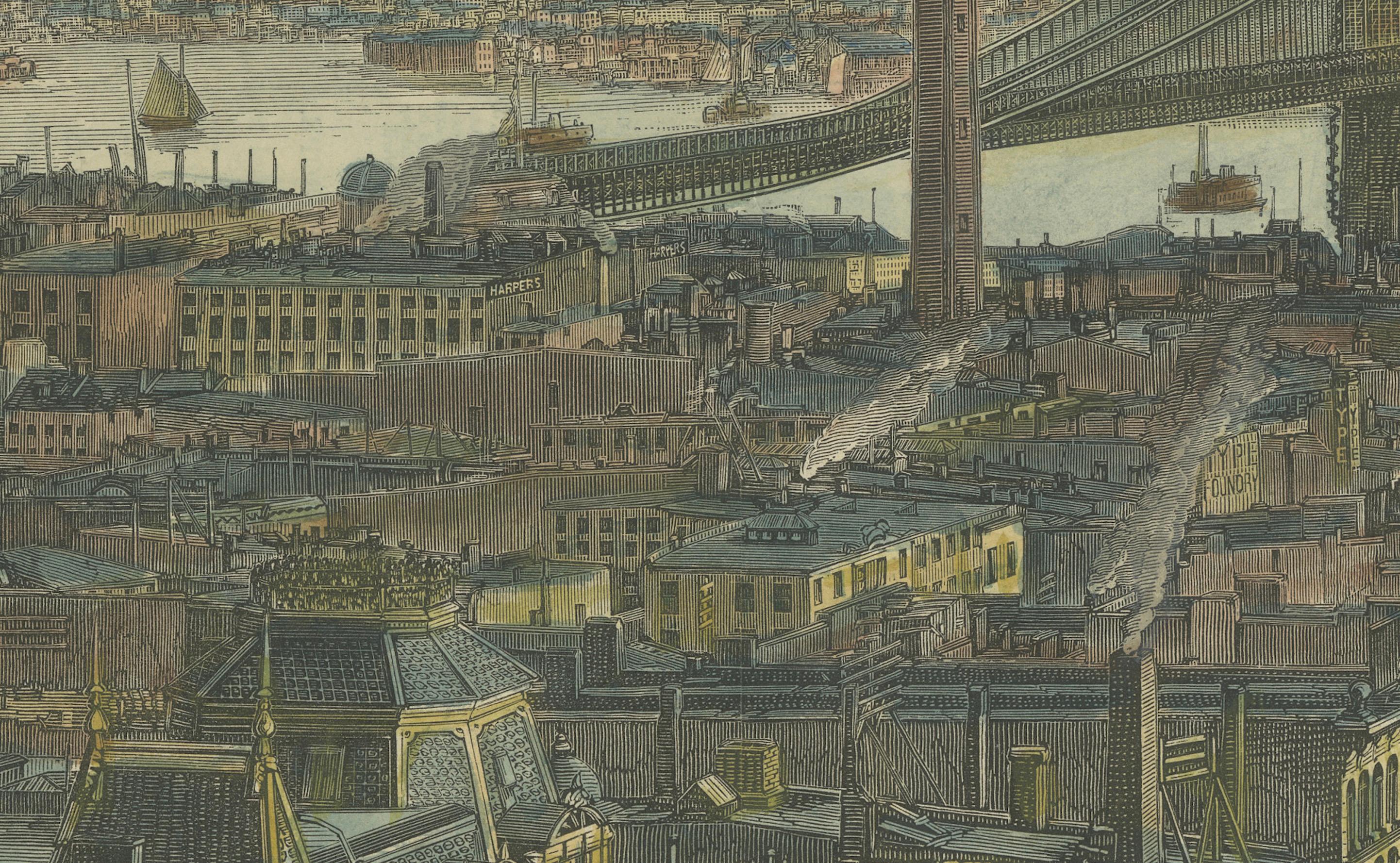 El puente de Brooklyn sobre el río Este, entre Long Island y Nueva York, 1883 en Bueno estado para la venta en Langweer, NL
