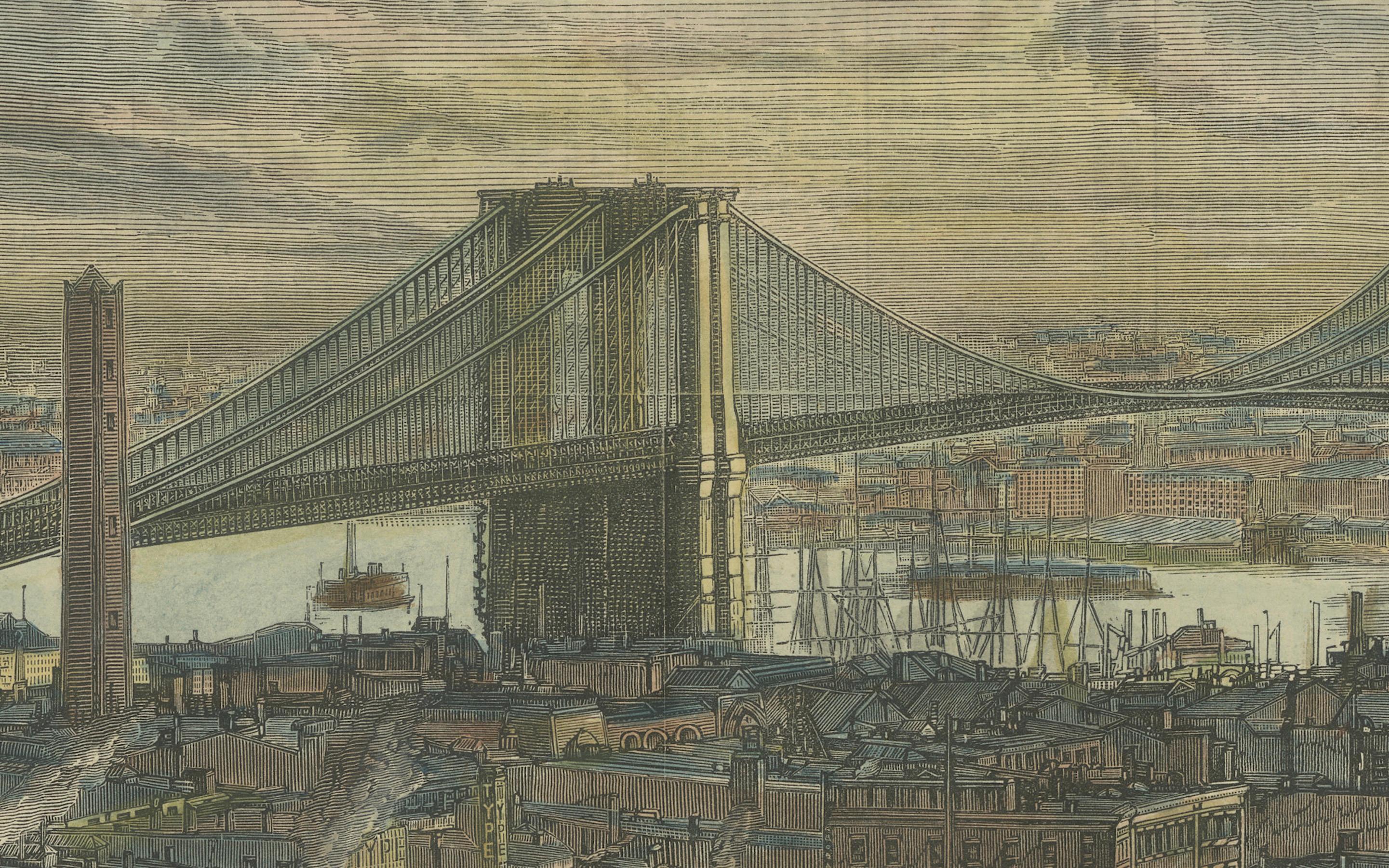 El puente de Brooklyn sobre el río Este, entre Long Island y Nueva York, 1883 Papel en venta