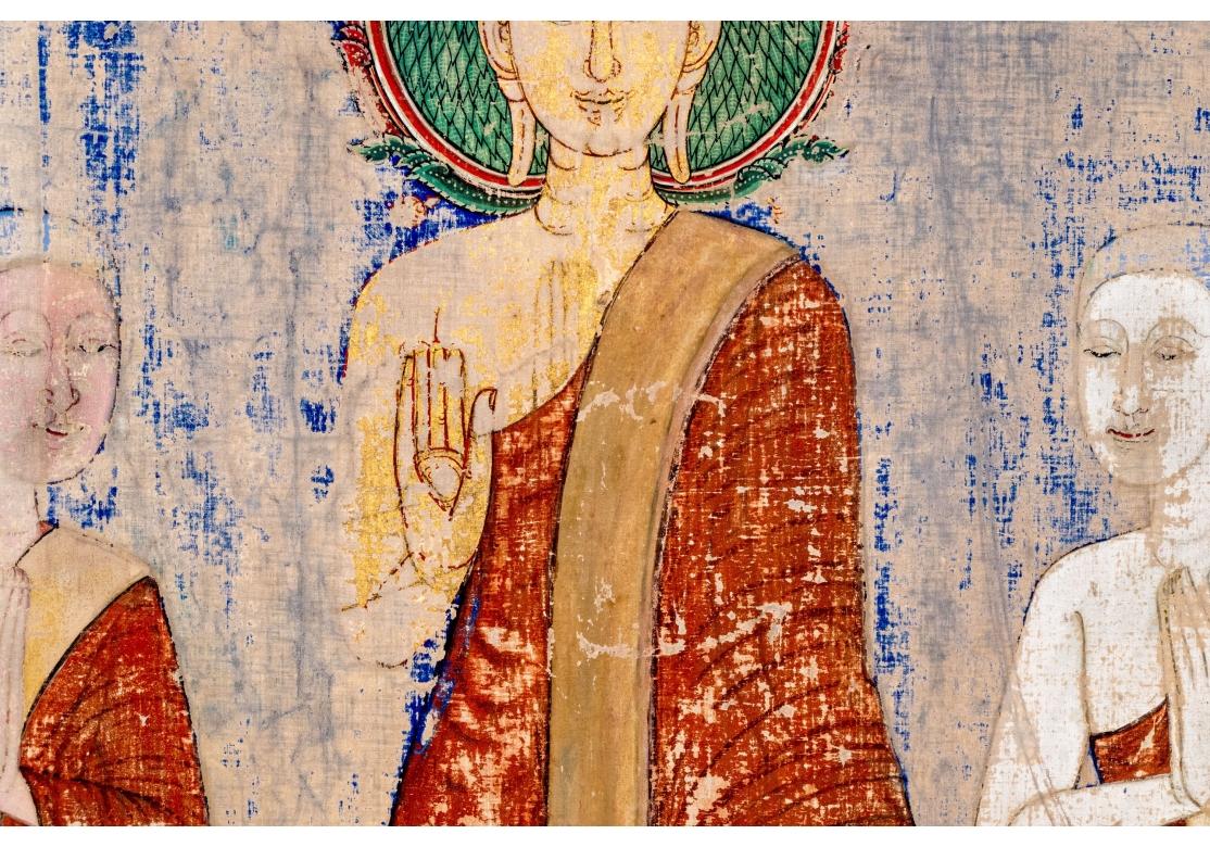 The Buddha And His Two Disciples Moggallana And Sariputta Watercolor On Fabric For Sale 4