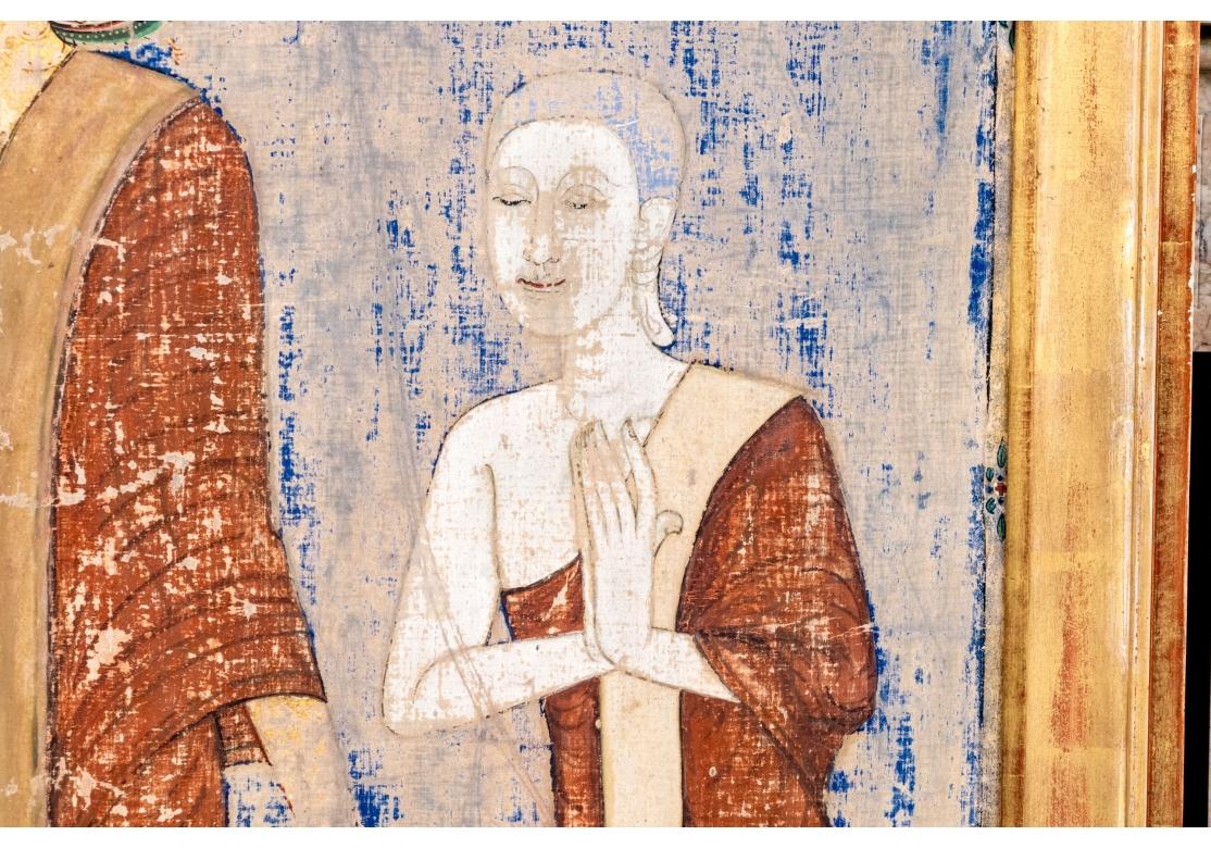 The Buddha And His Two Disciples Moggallana And Sariputta Watercolor On Fabric In Distressed Condition For Sale In Bridgeport, CT