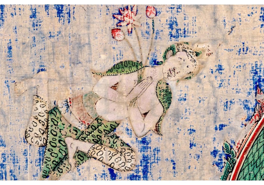 19th Century The Buddha And His Two Disciples Moggallana And Sariputta Watercolor On Fabric For Sale