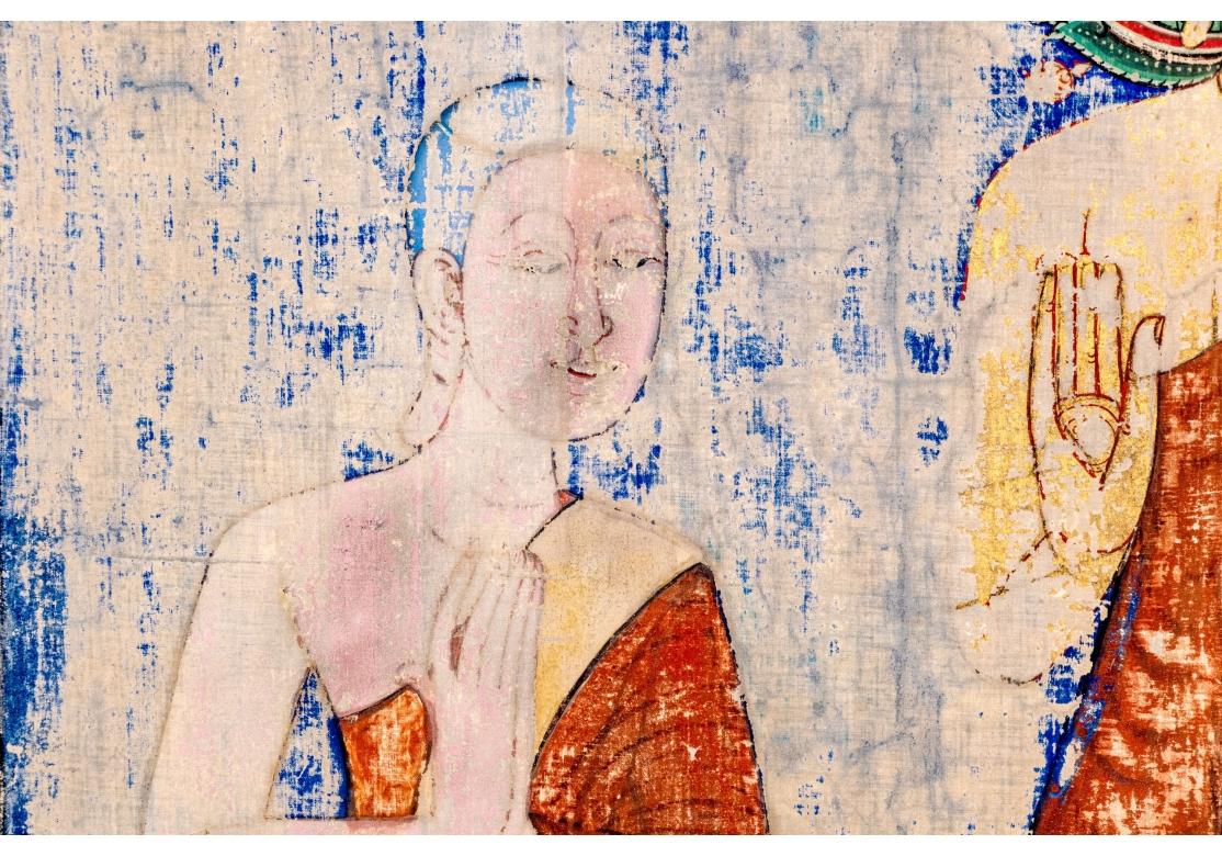 The Buddha And His Two Disciples Moggallana And Sariputta Watercolor On Fabric For Sale 1