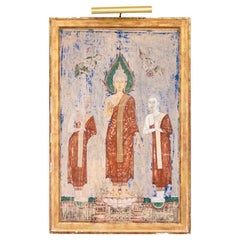 Antique The Buddha And His Two Disciples Moggallana And Sariputta Watercolor On Fabric