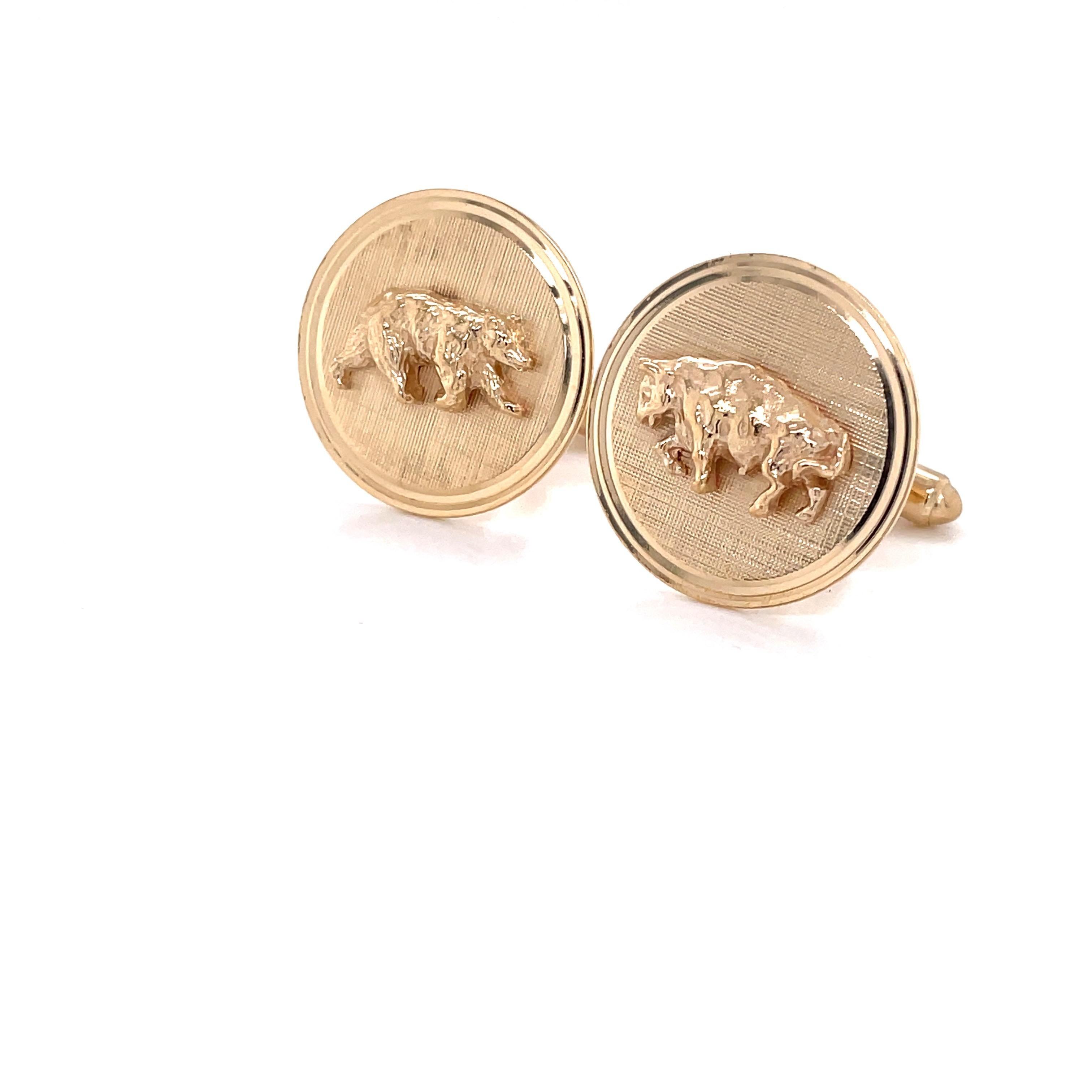 Women's or Men's Bull and Bear 14 Karat Yellow Gold Cuff Links For Sale