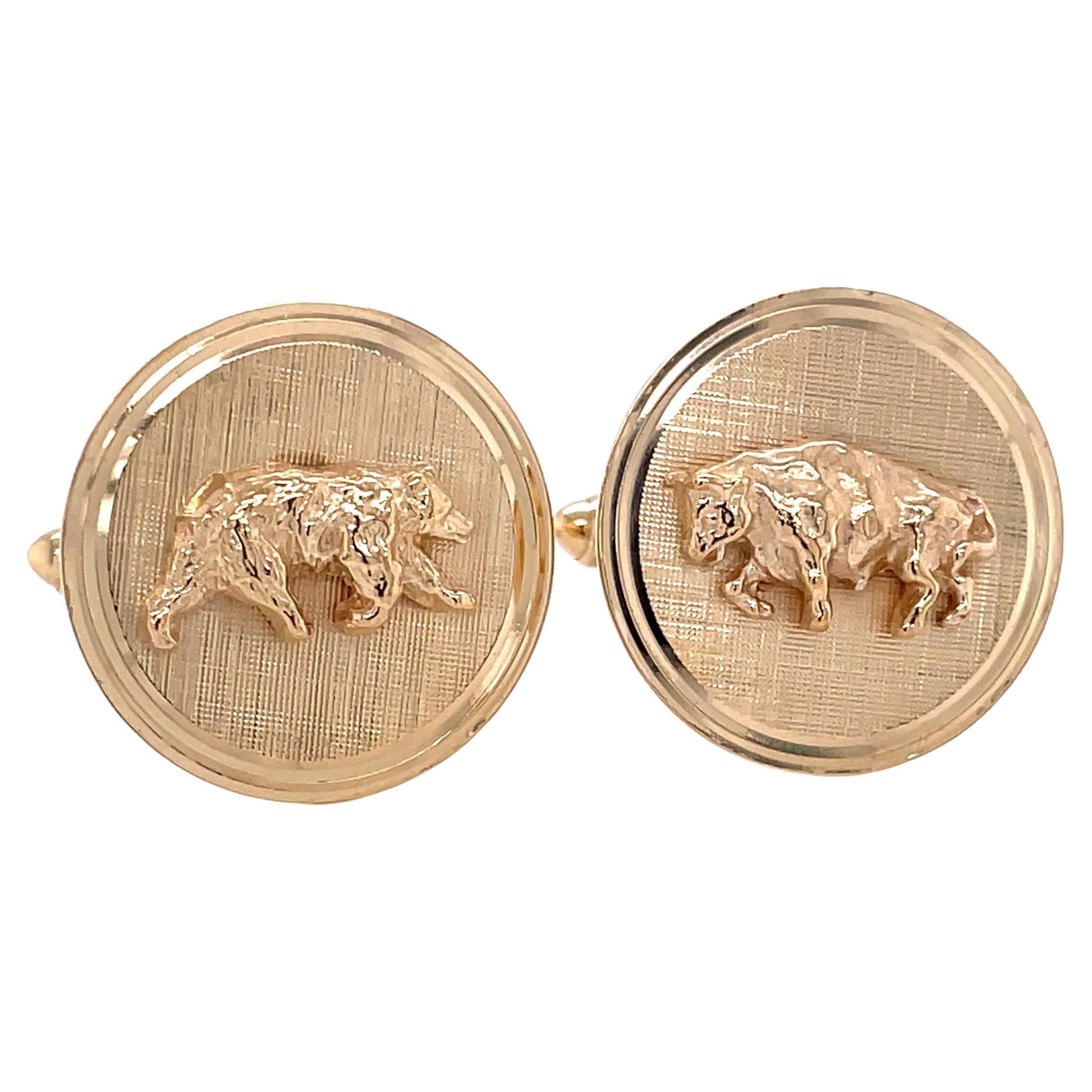 Bull and Bear 14 Karat Yellow Gold Cuff Links For Sale