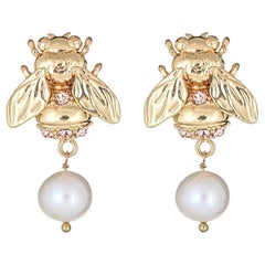 Vintage The Bumblebee Natural Pearl Earrings 18K Gold Plated