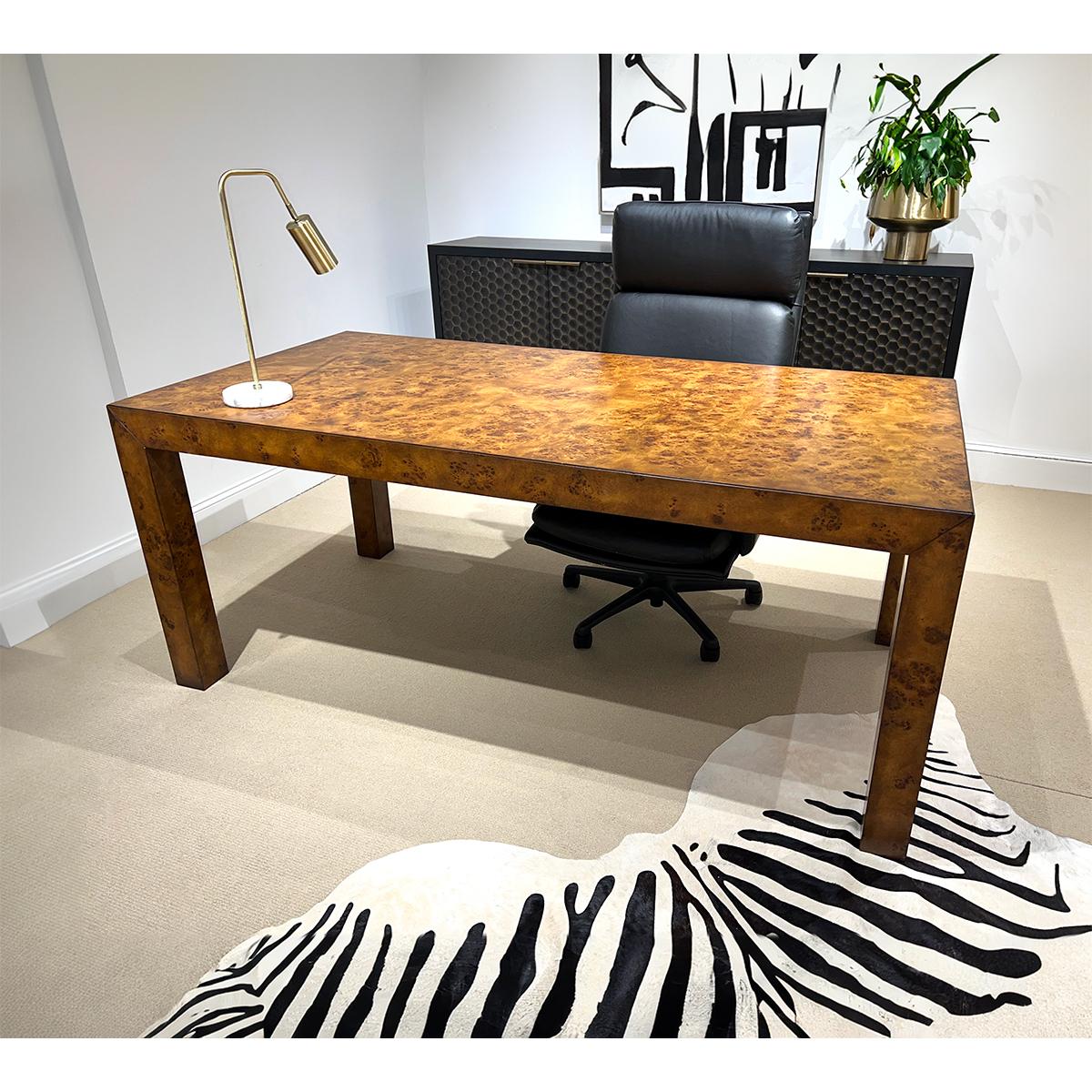 A Modern burl wood dining table, with Parsons style legs, one drawer, a 'rustic' warm brown finish with subtle distressing and a hand-rubbed finish.

Dimensions: 72