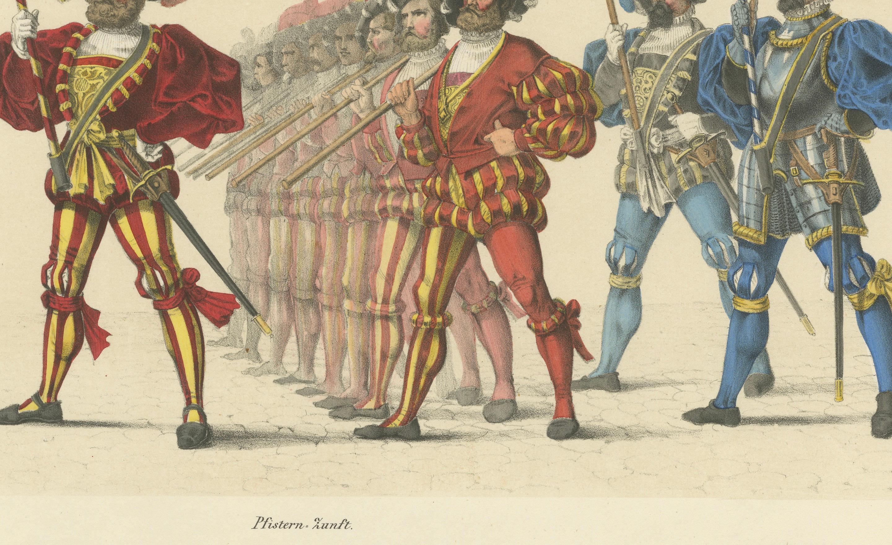 Title: The Butchers’ and Blacksmiths’ Guilds – A Grand Parade of Swiss Craftsmanship  

Description: This remarkable hand-colored lithograph is part of the 'Fest Album Celebrating Bern’s Entry into the Swiss Confederation on March 6, 1353,