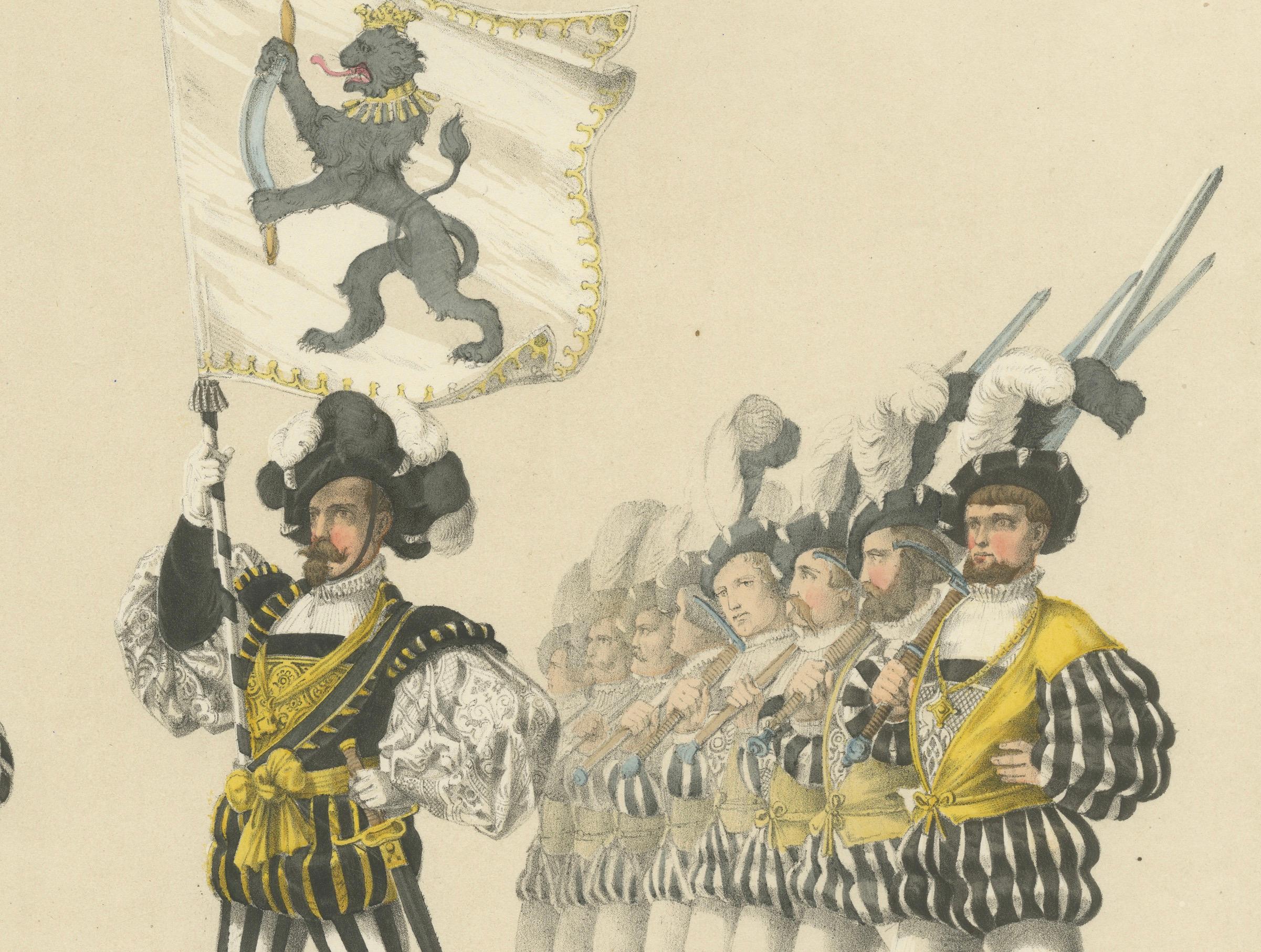 Titel: Die Gilde der Metzger und Schmiede - Eine grosse Parade des Schweizer Handwerks  

Beschreibung: Diese bemerkenswerte handkolorierte Lithographie ist Teil des 