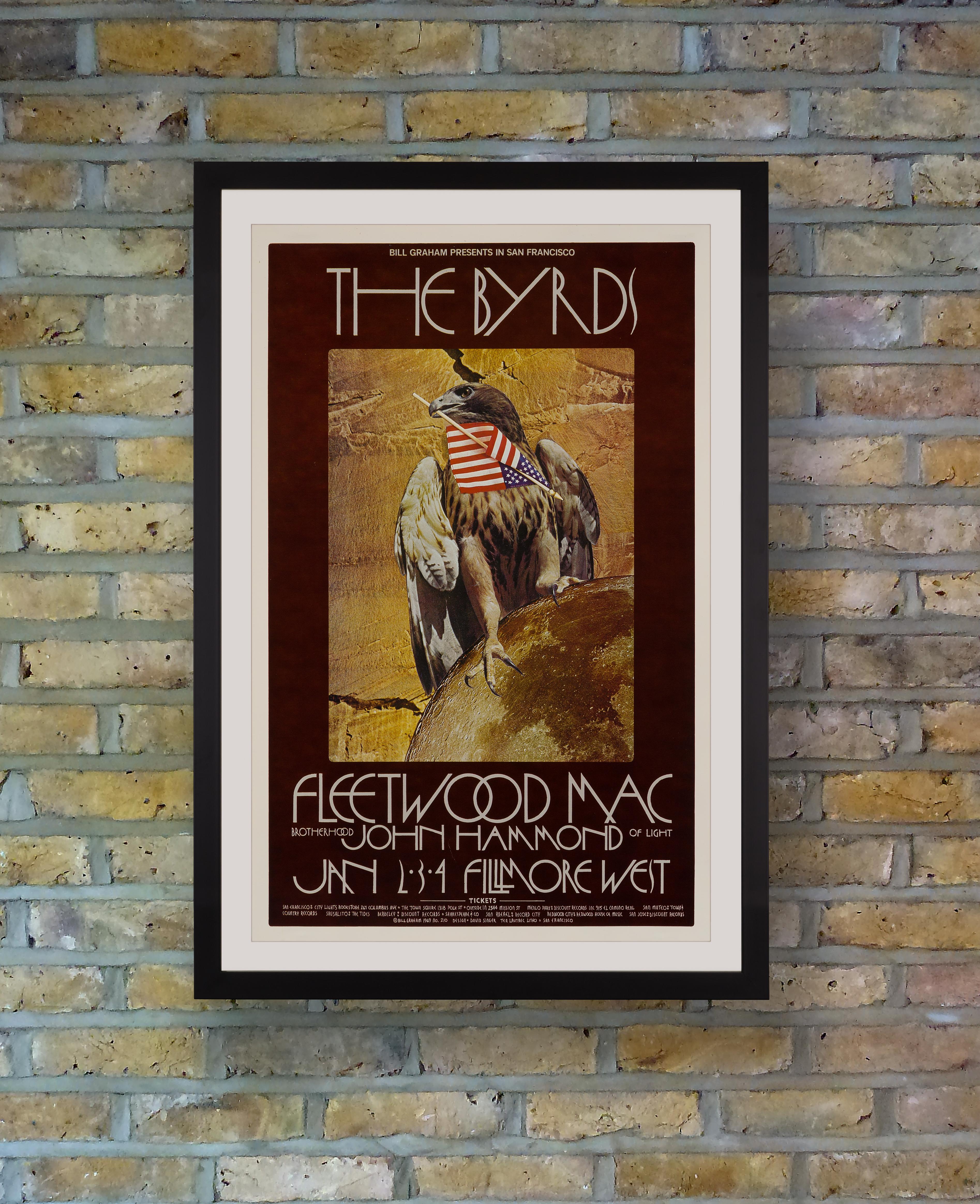 Numbered BG210 in the celebrated Fillmore poster series, this promotional poster by collage artist David Singer advertised a series of performances by the Byrds with Fleetwood Mac and John Hammond at the Fillmore West in San Francisco from 2-4