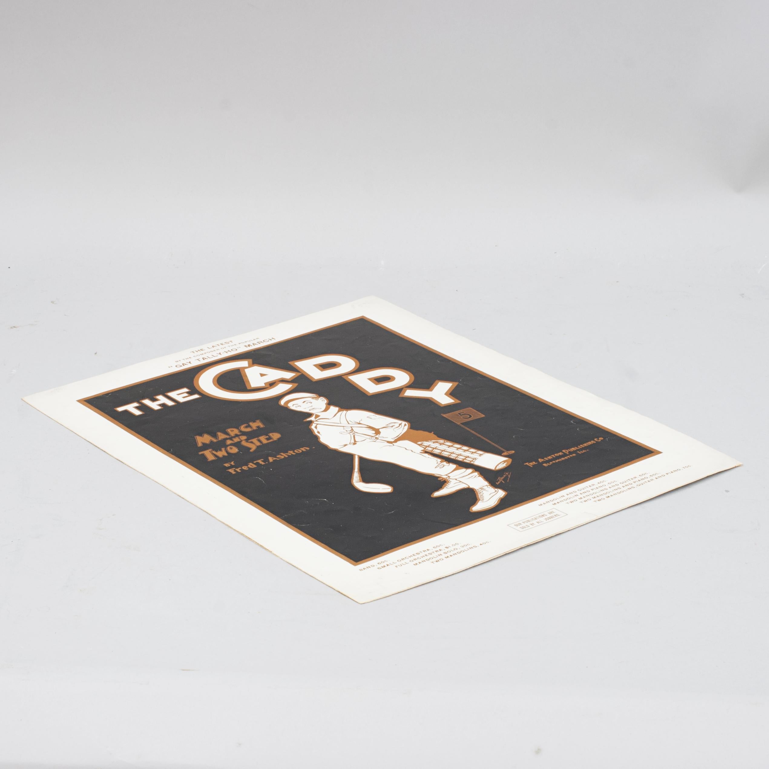 The Caddie - March & Two Step Notenheft.
Ein seltenes Golf-Ephemera-Heft, Noten, von Fred T. Ashton mit dem Titel 'The Caddie - March & Two Step'. Die lithographierte Titelseite von Owen T. Reeves Jr. zeigt einen Caddy, der mit einer Golftasche auf