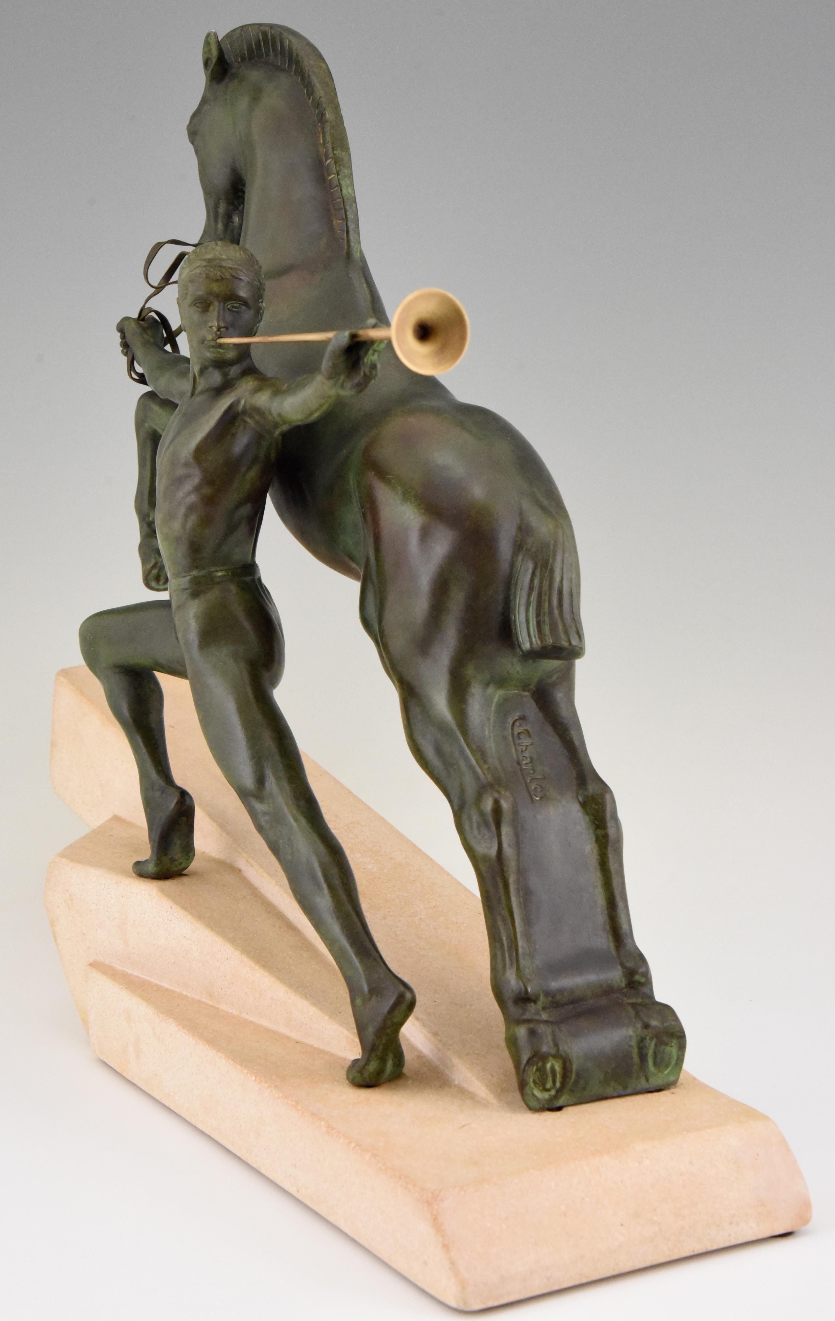 French Call Art Deco Sculpture Man and Horse by Charles for Max Le Verrier, 1930