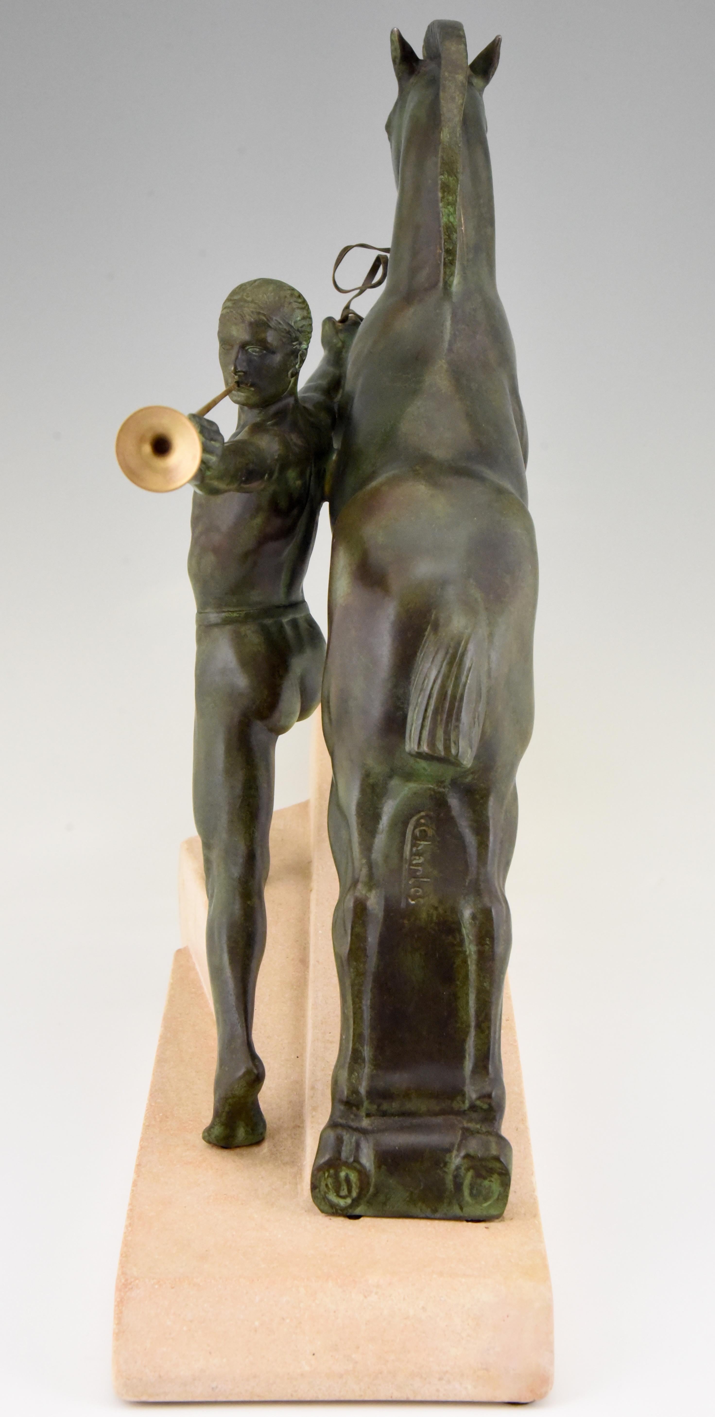 Patinated Call Art Deco Sculpture Man and Horse by Charles for Max Le Verrier, 1930