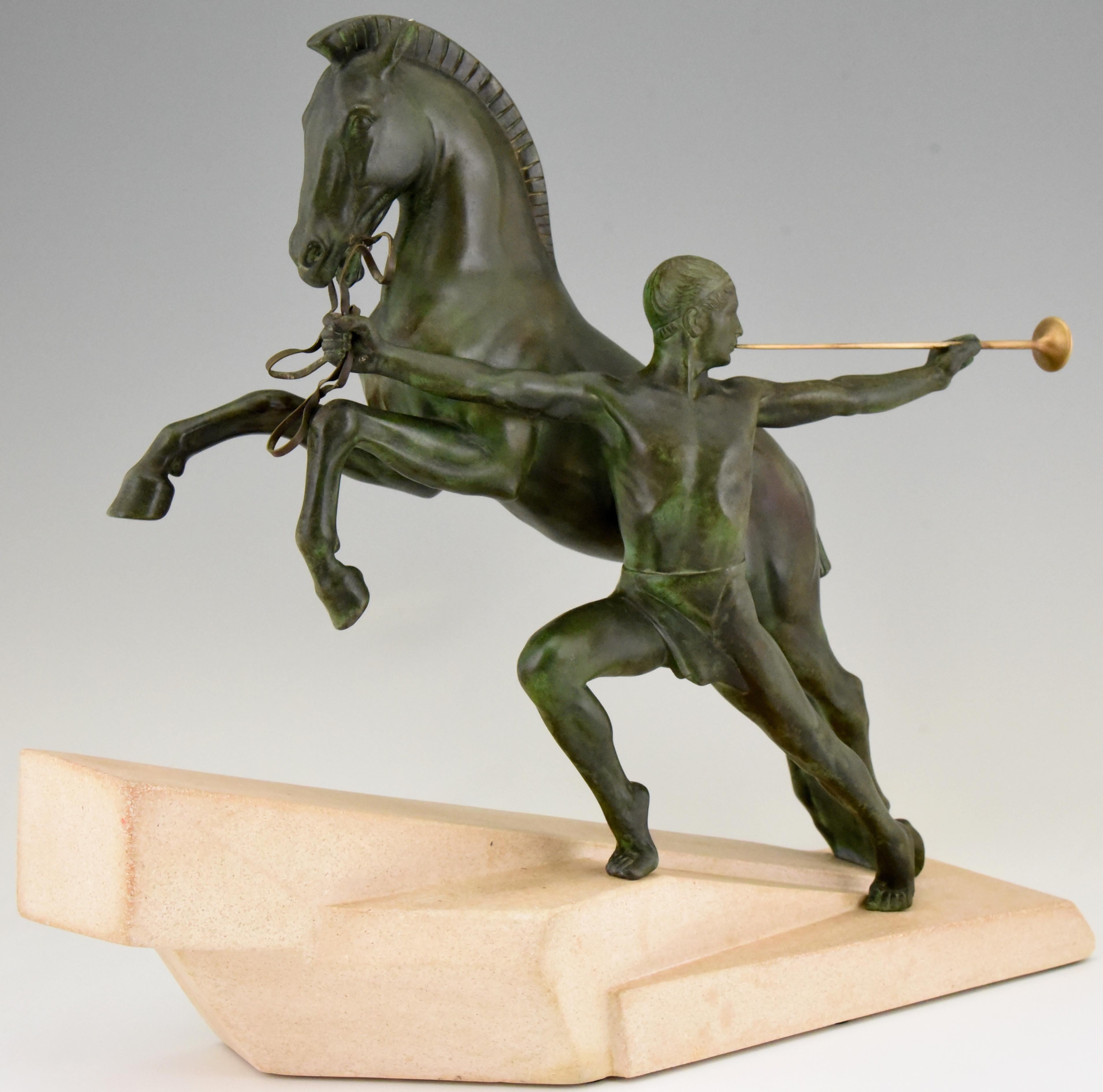 Call Art Deco Sculpture Man and Horse by Charles for Max Le Verrier, 1930 2