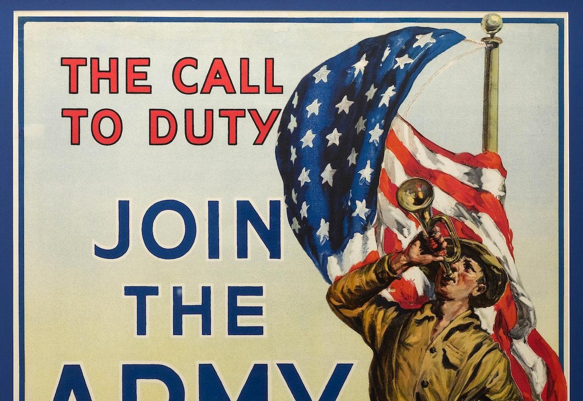 This unique propaganda poster urges onlookers to join the war effort and 