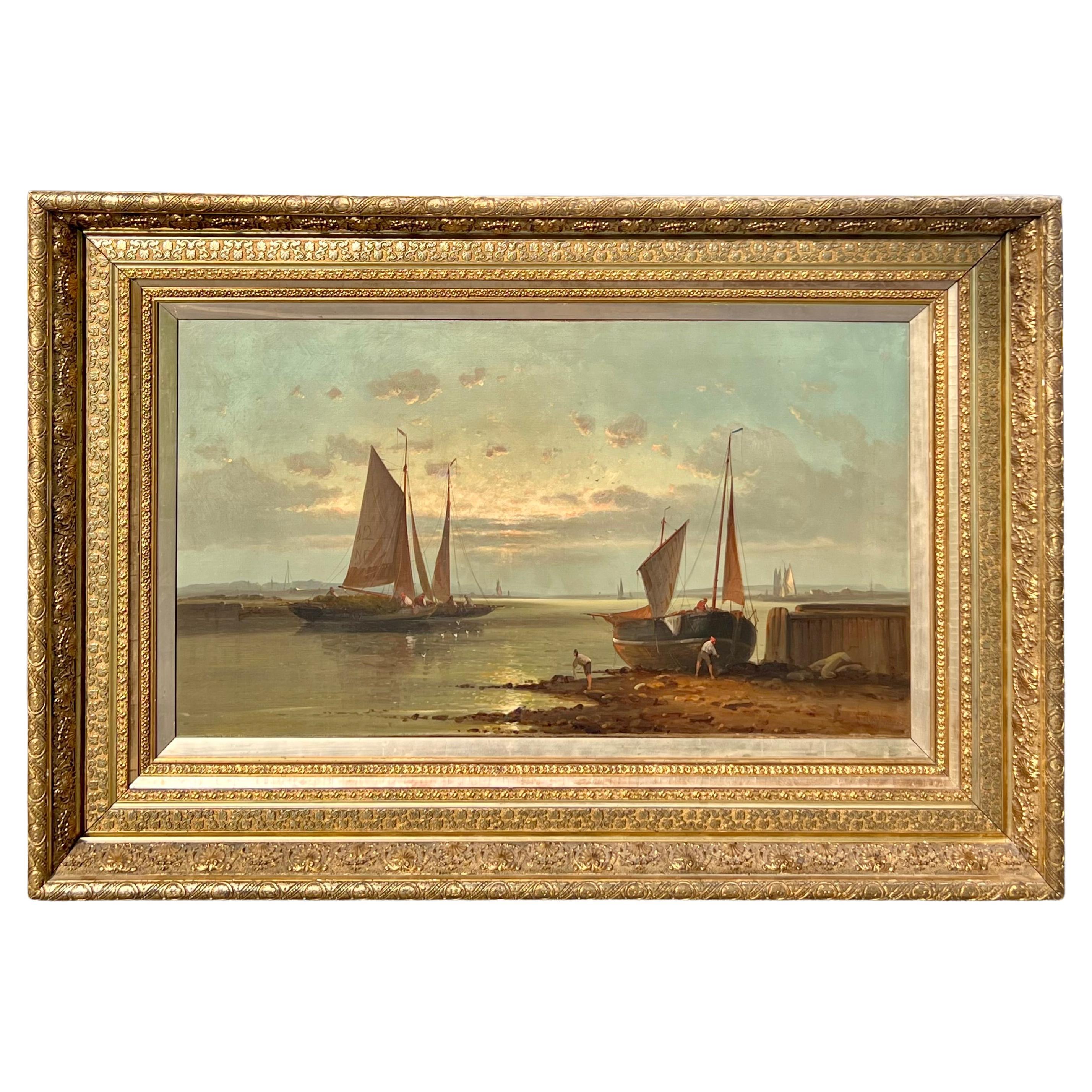 'The Calm Harbor" 19th Century Marine Painting in a Period Frame