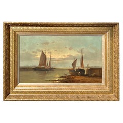 'The Calm Harbor" 19th Century Marine Painting in a Period Frame