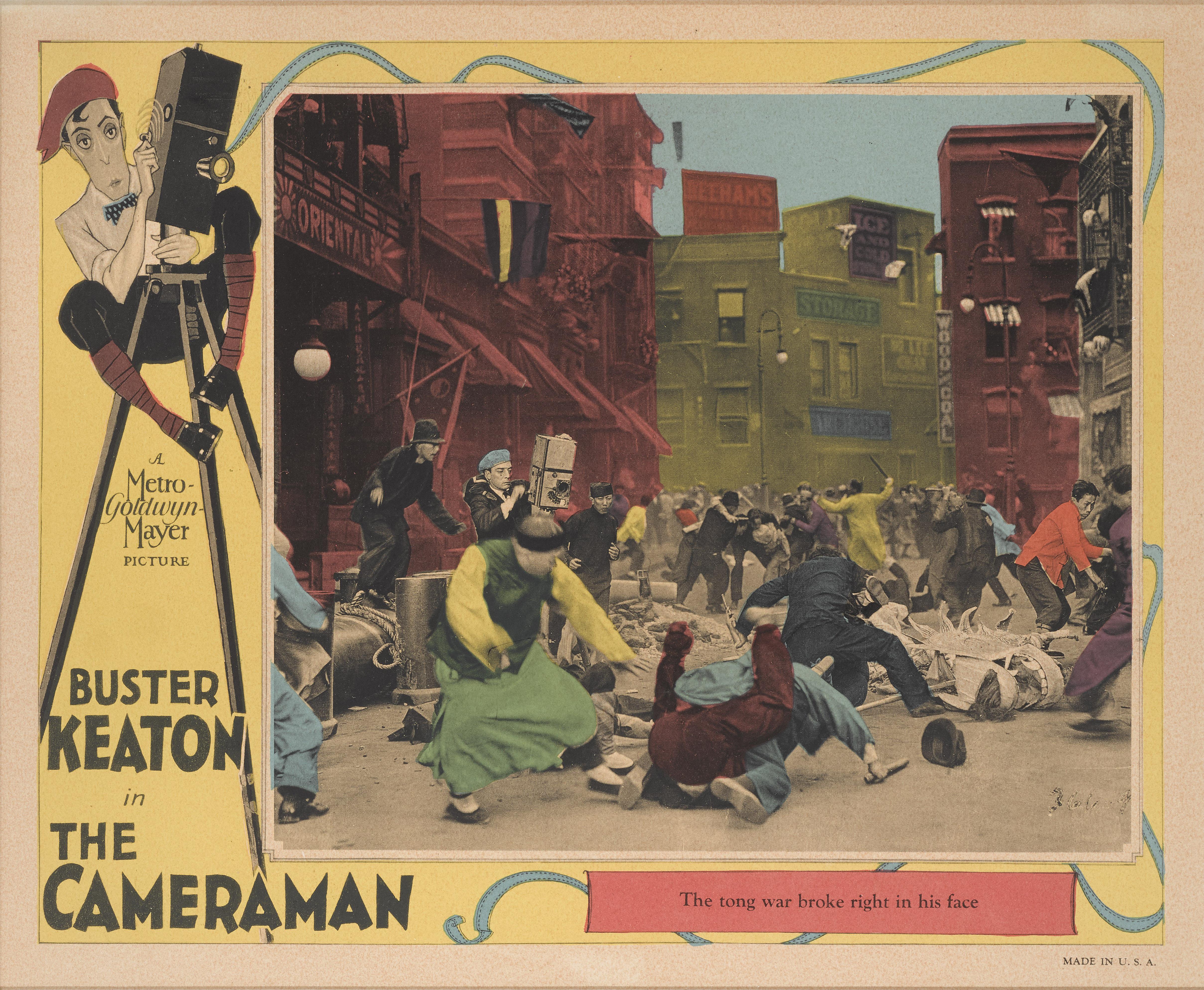 Original US lobby card for The Cameraman, 1928.
This silent comedy was directed by Edward Sedgwick and an uncredited Buster Keaton. The film stars Keaton, Marceline Day and Harold Goodwin. It was Keaton's first film with Metro-Goldwyn-Mayer.
This