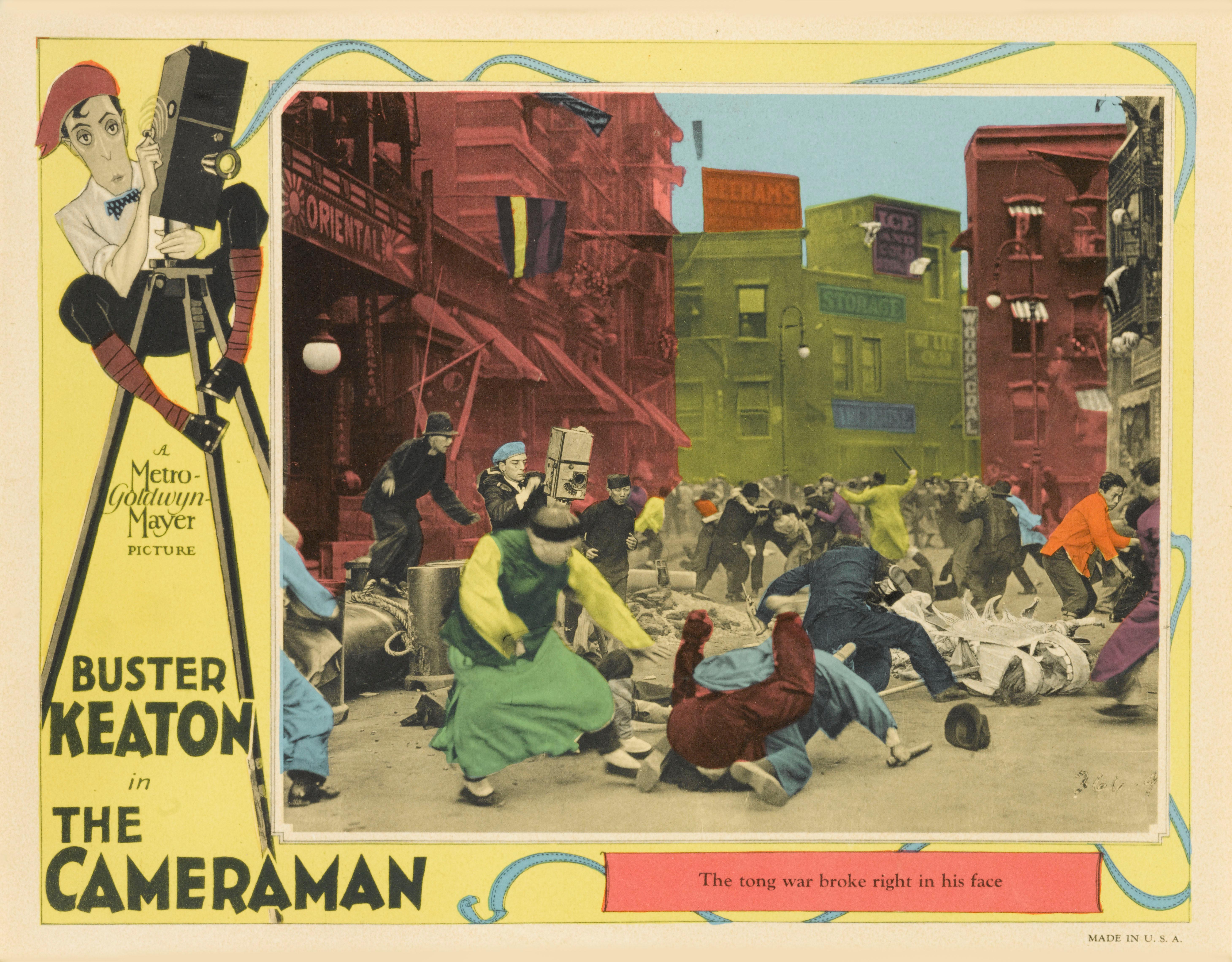 Framed original US lobby card for The Cameraman, 1928.
This silent comedy was directed by Edward Sedgwick and an uncredited Buster Keaton. The film stars Keaton, Marceline Day and Harold Goodwin. It was Keaton's first film with Metro-Goldwyn-Mayer,