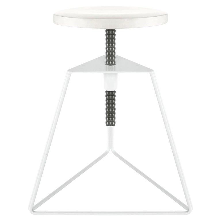 Adjustable Height Camp Stool, White Marble Seat and White Base, Made in