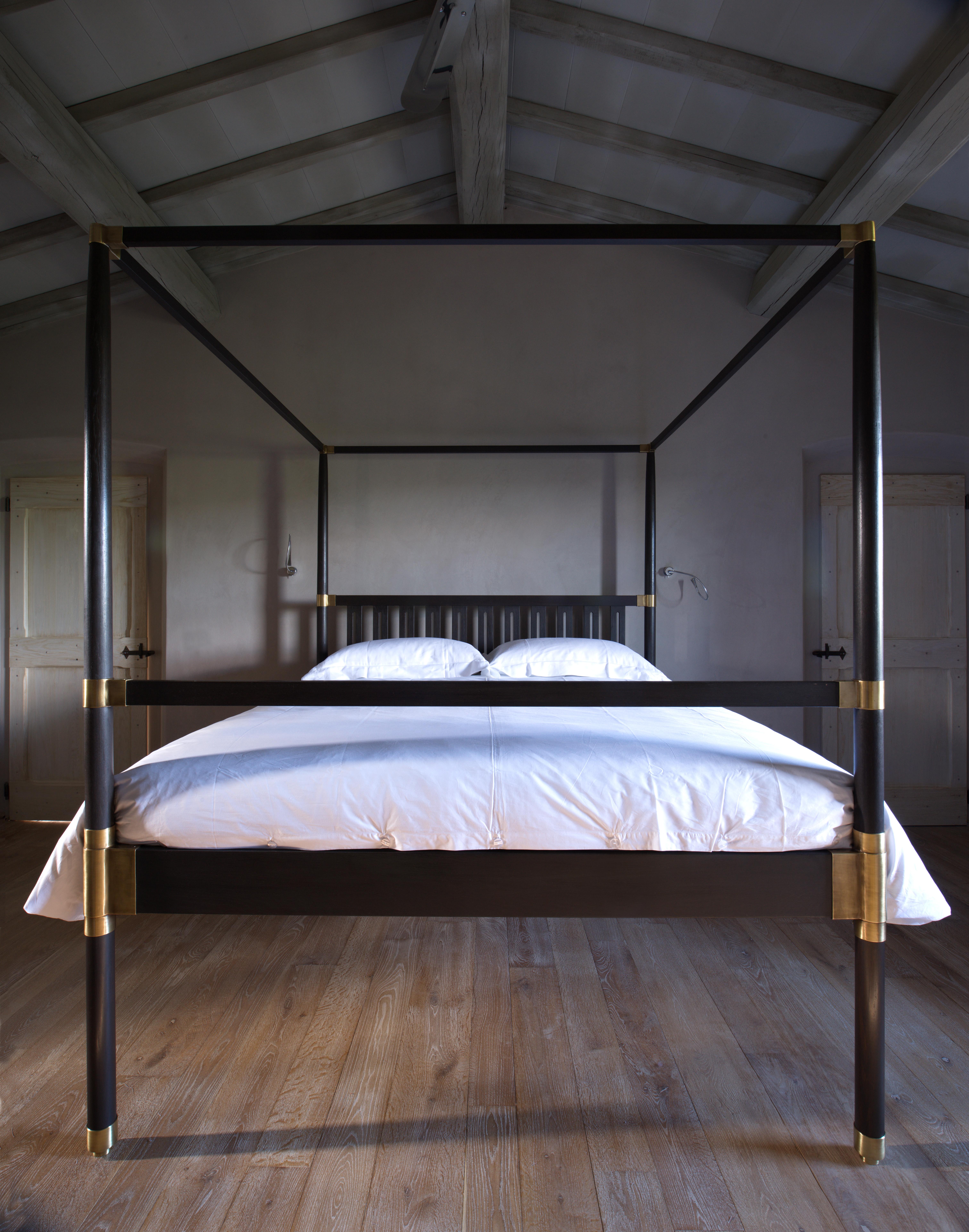 The Campaign bed, ebonized oak and brass-plated steel four poster bed
B.B. - The design, inspired by the Campaign beds of early 19th century. The mounts can also be nickel-plated making it super chic silver and black.