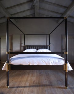 21st Century Oak and Brass-Plated Steel Four Poster Bed the Campaign Bed