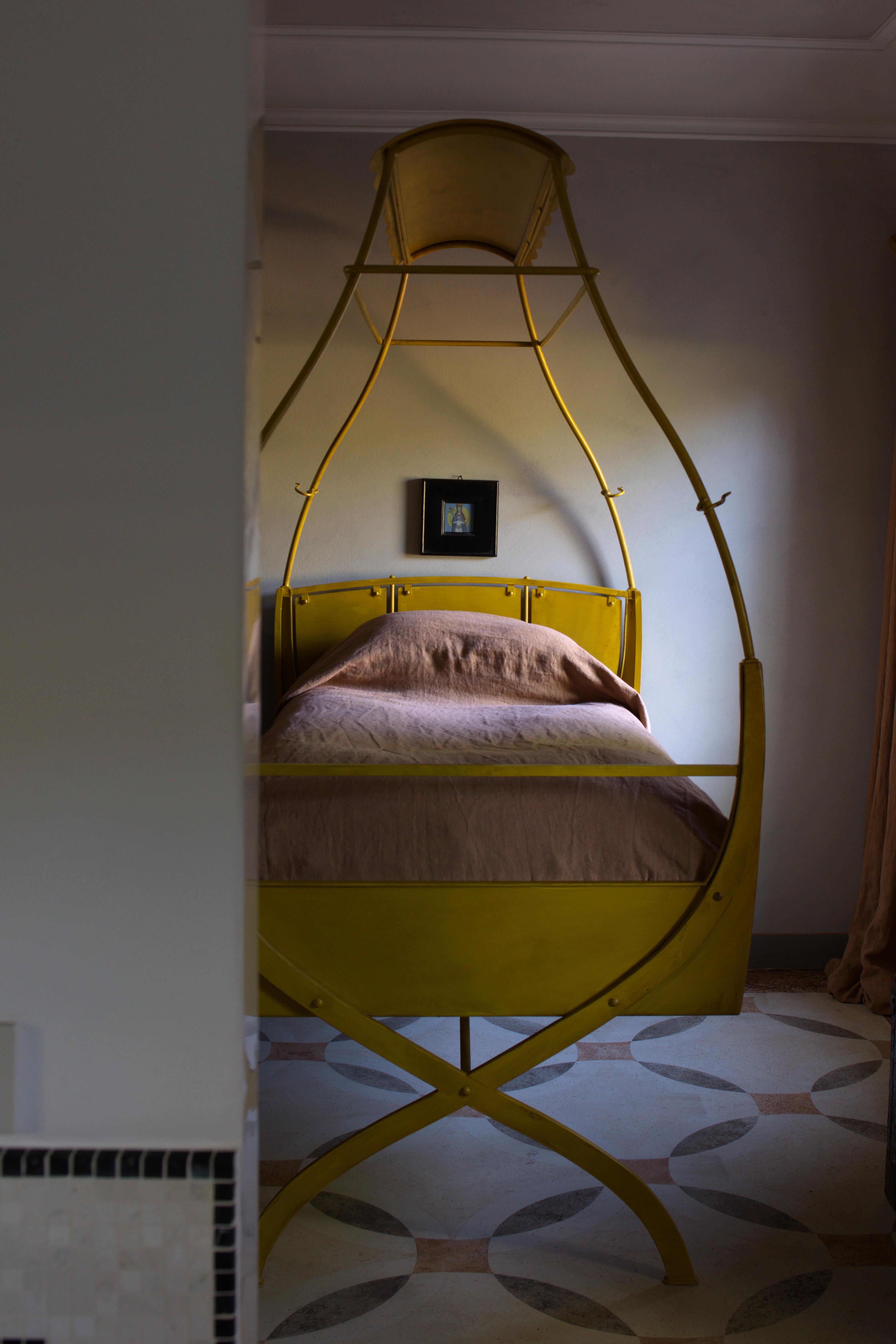 Italian Canary Bed, Painted Steel X-Frame Bed, Part Fairground Ride and Part Swing For Sale
