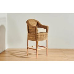 Handwoven Malawi Cane Bar Stool in Classic Weave with White Linen Cushion